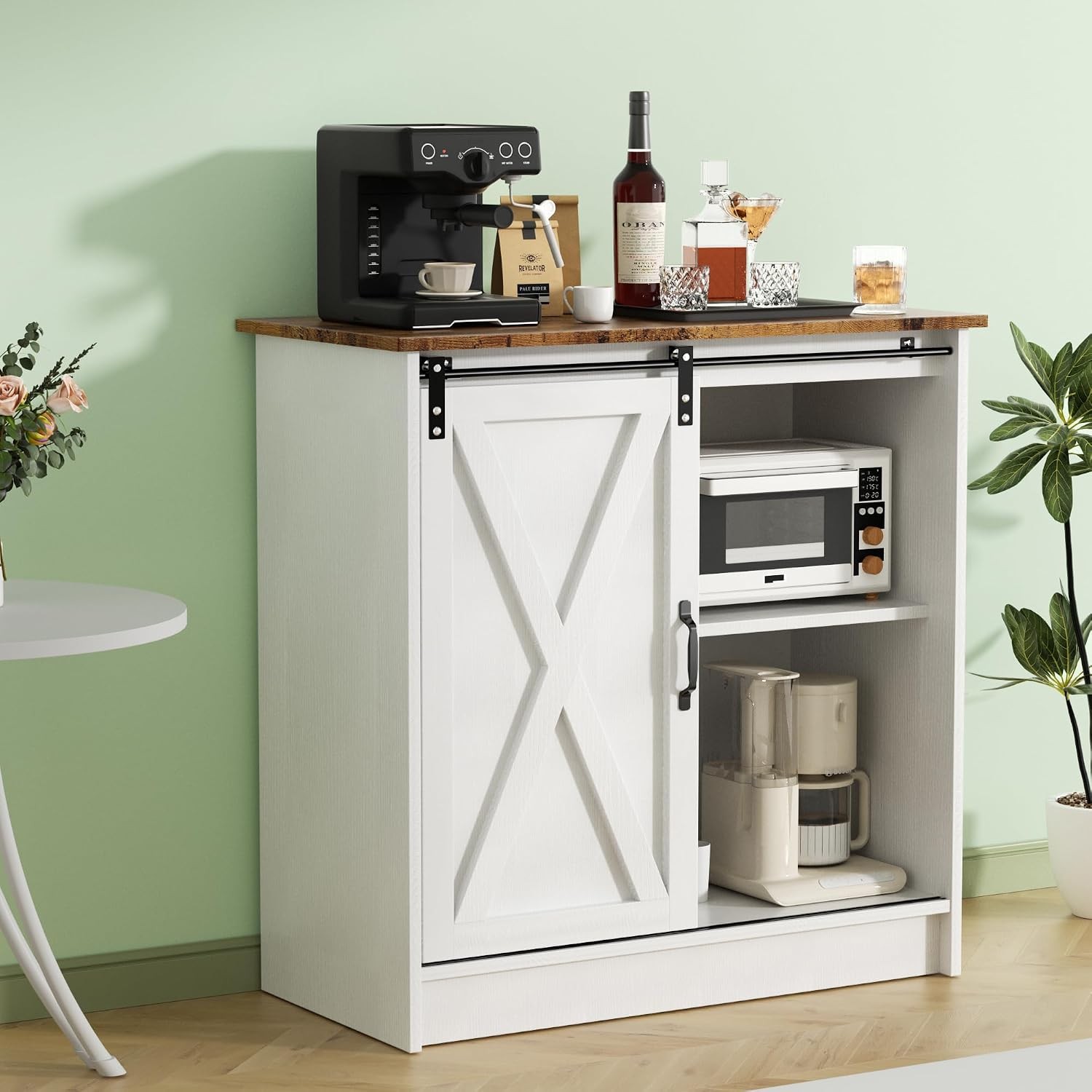 Farmhouse Coffee Bar Cabinet with Sliding Barn Door | Coffee Bar Table Kitchern