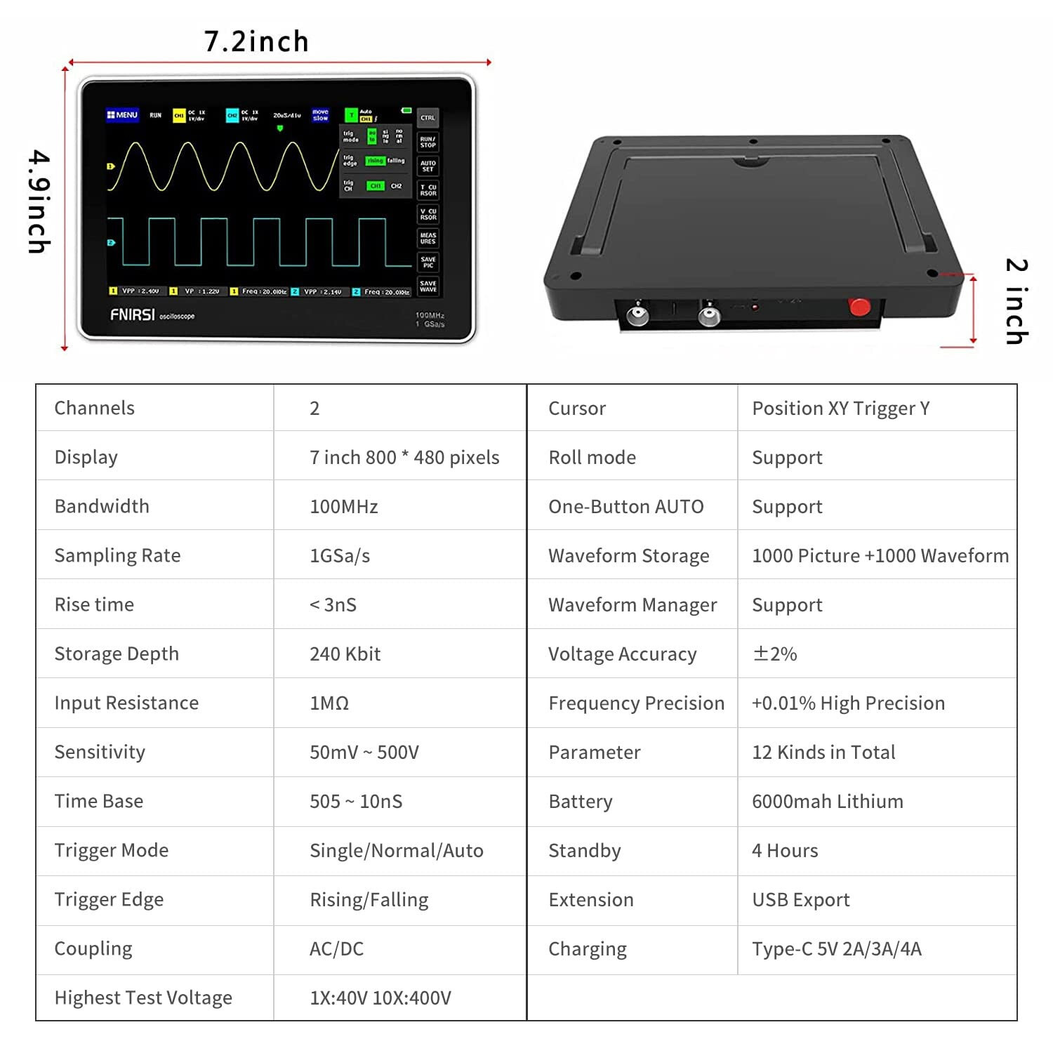 FNIRSI Mini 7" Touch Panel Digital Tablet Oscilloscope 2CH 100MHz Bandwidth 1GS