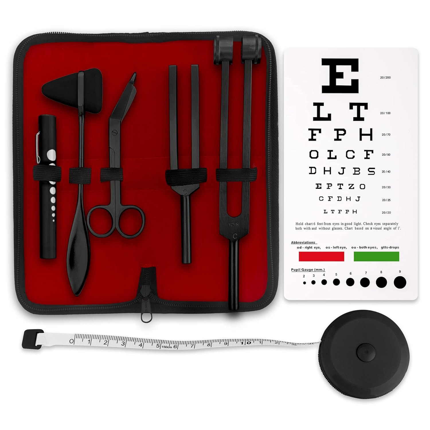7PC Diagnostic Kit Reflex Hammer Tuning Fork Penlight Snellen Chart Black
