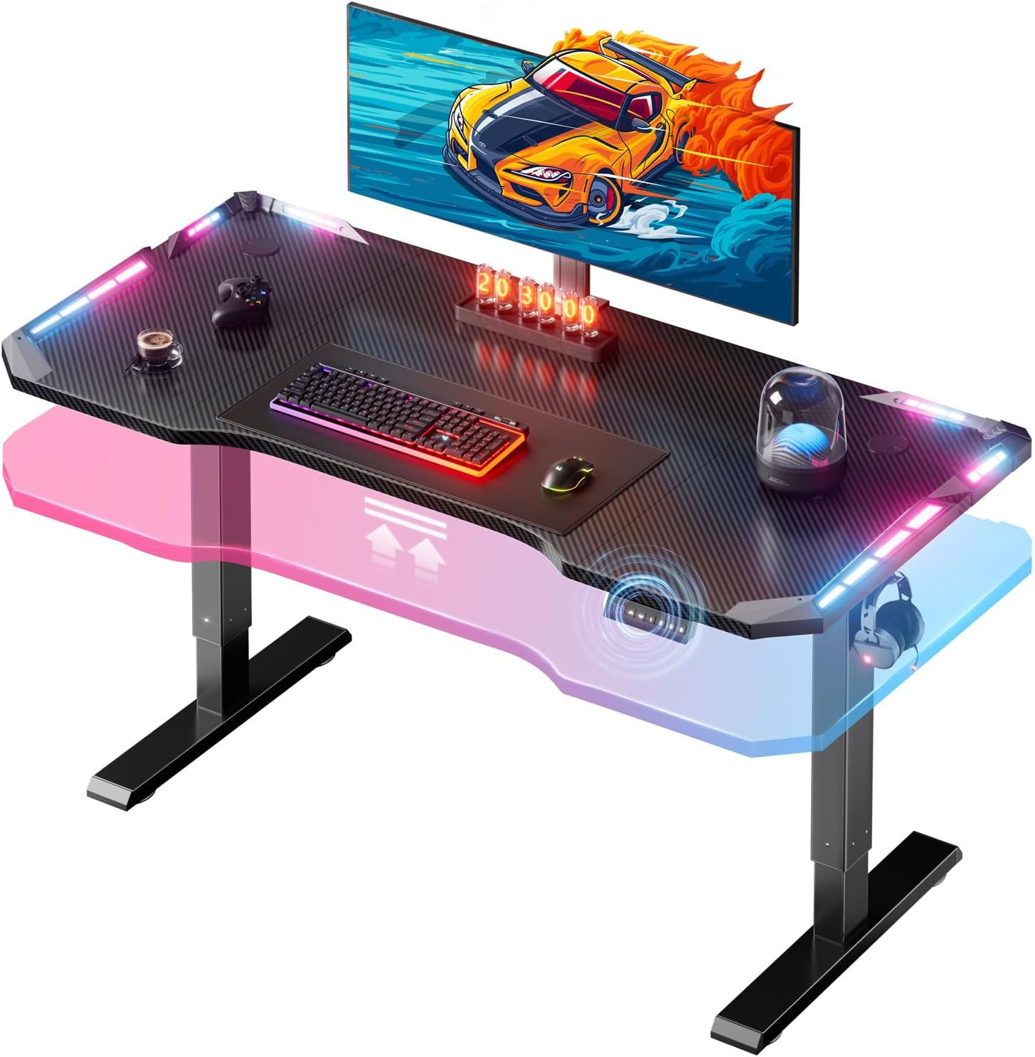 47" Electric Gaming Standing Desk with LED Lights, Black | 180Lb, 27.8" - 44.5"