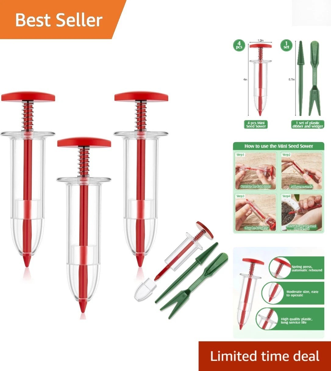 Red Mini Garden Seed Planter - 6 Pcs Sowing Tools with Transplanting Accessories
