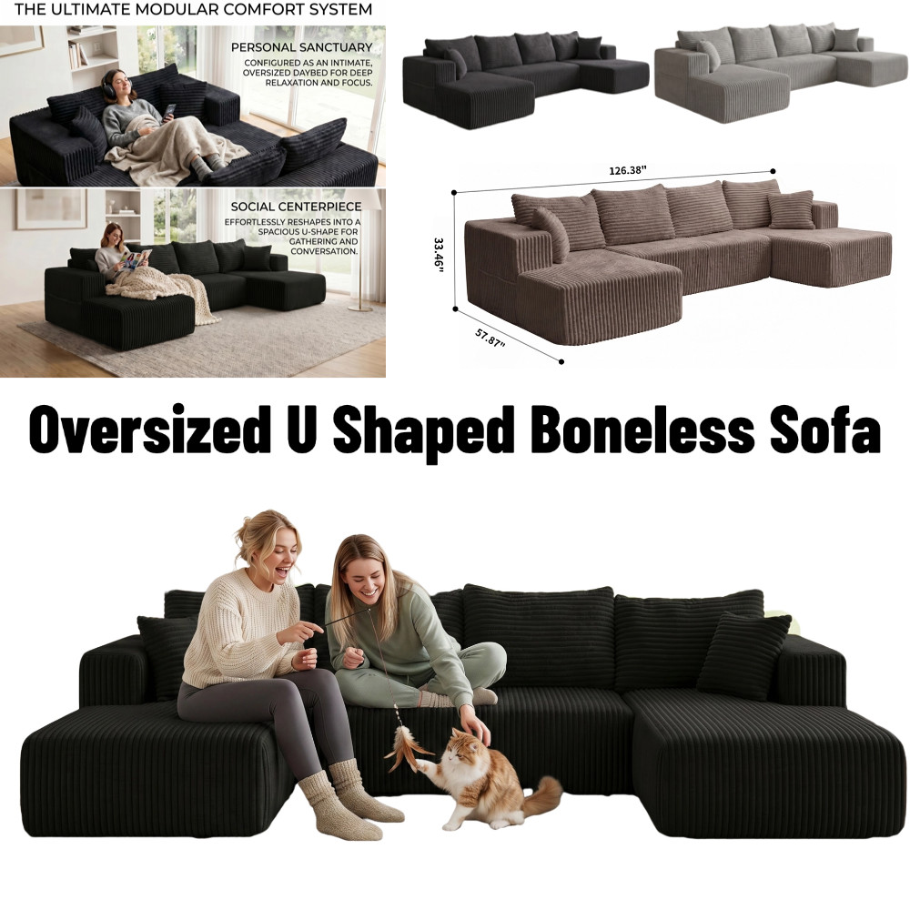 126" U Shaped Sectional Boneless Couch for Living Room 4Seat Corduroy Cloud Sofa