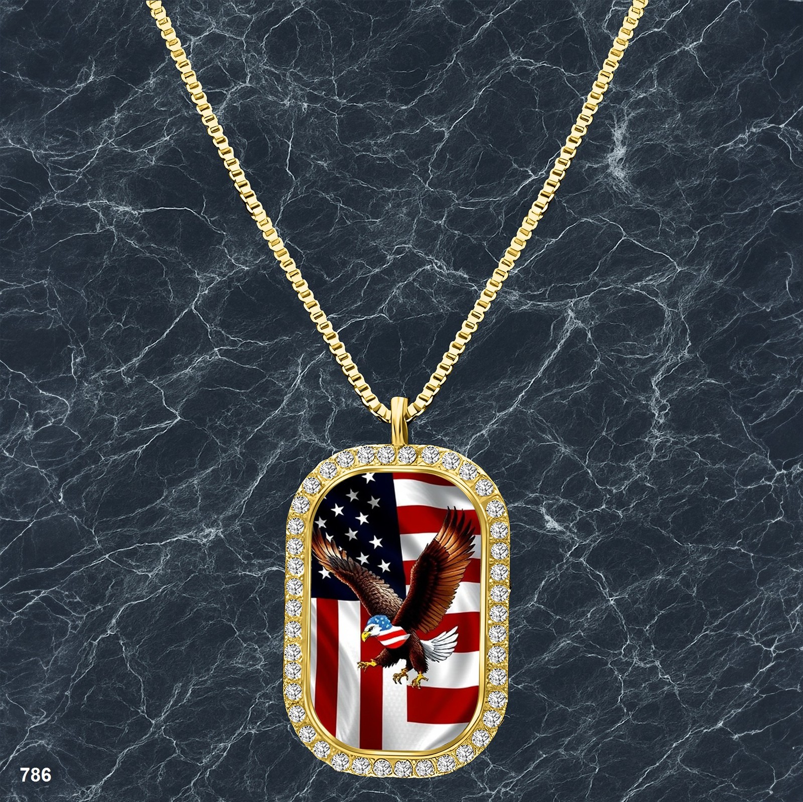Gorgeous USA American Flag Pendant Necklace Printed Design Vibrant Gold Tone Gif