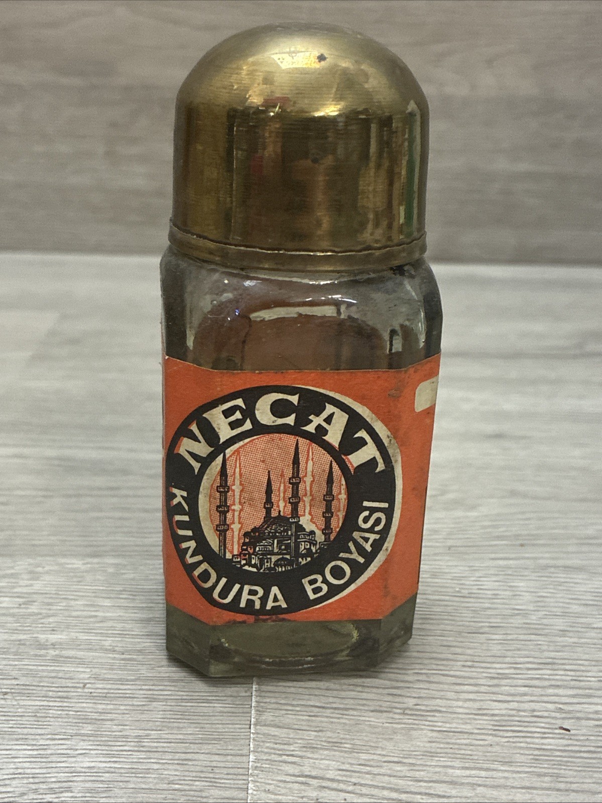 Vintage Turkish Shoe Polish Advertising Bottle “Necat Kundura Boyasi” 5”