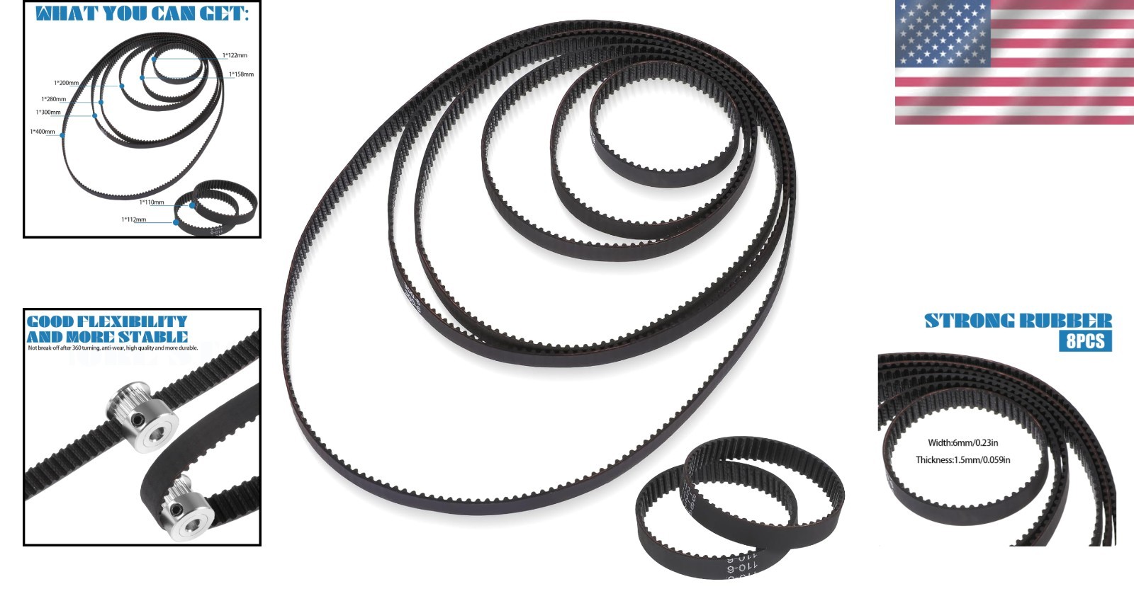 Precision-engineered GT2 Timing Belts Set – 8 Sizes for 3D Printing Excellence
