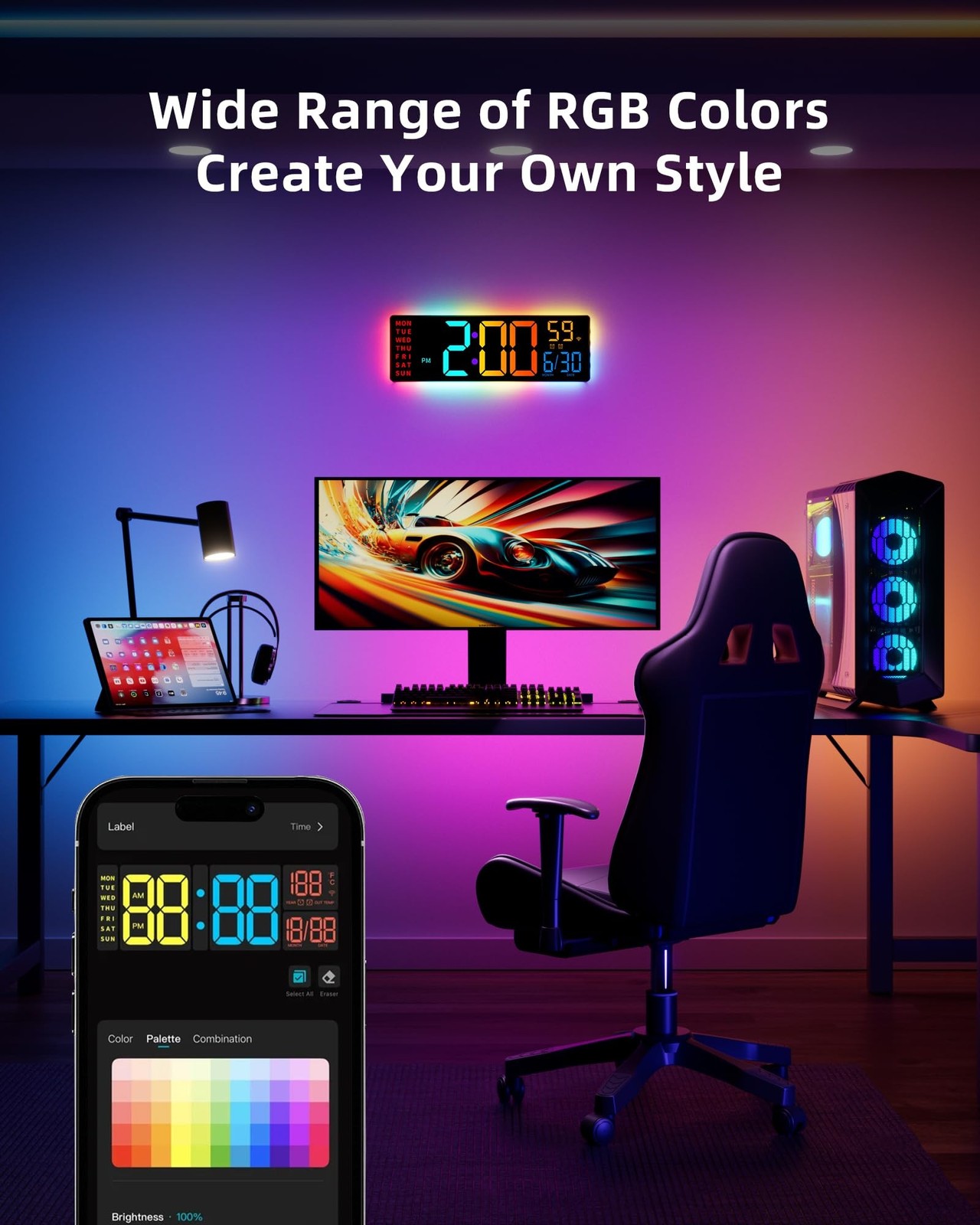 EASYERA Smart Digital Wall Clock with App Control, 16.5” Large RGBIC Wall