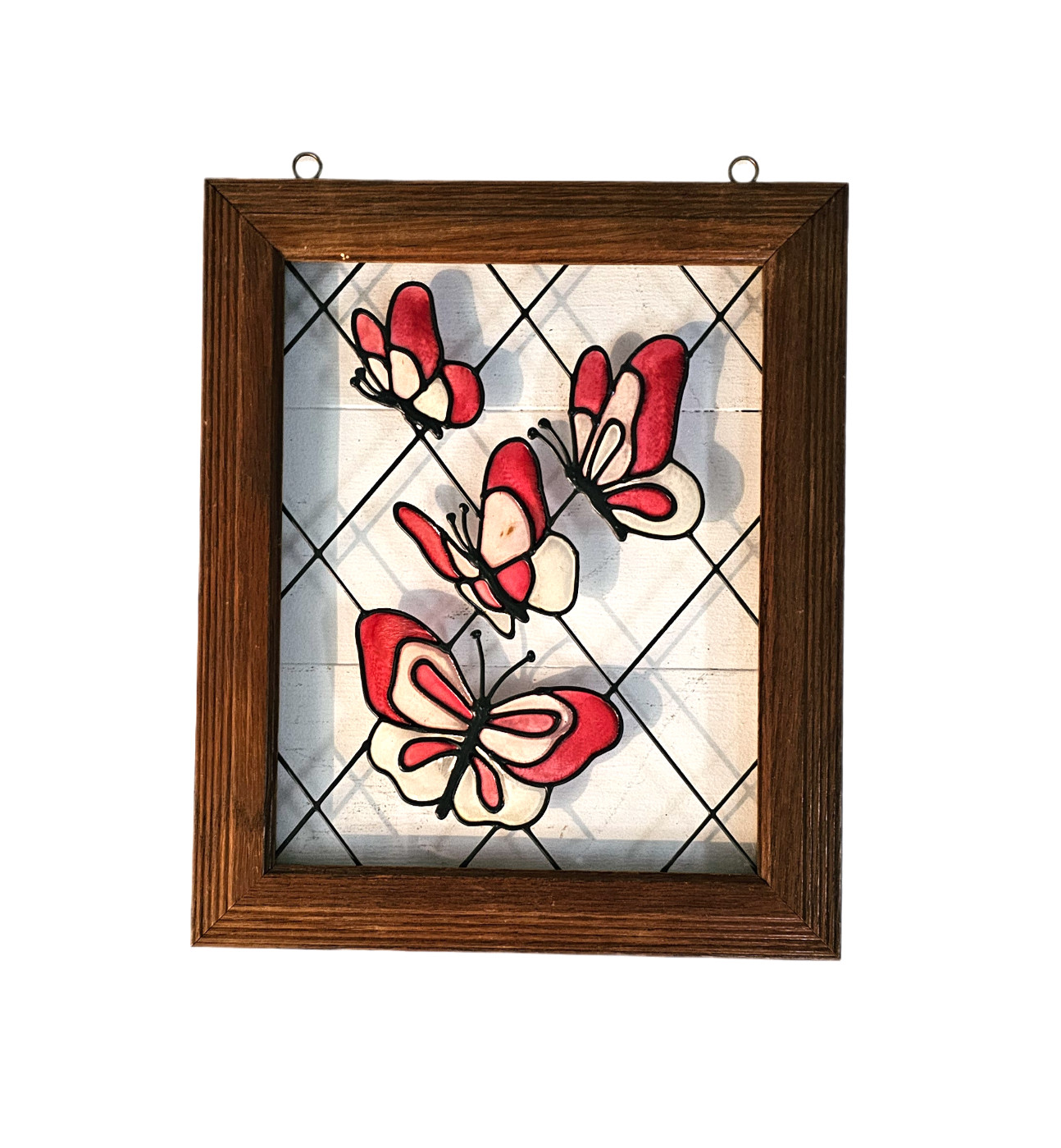 Vintage Wood Framed Painted Glass Butterfies Suncatcher