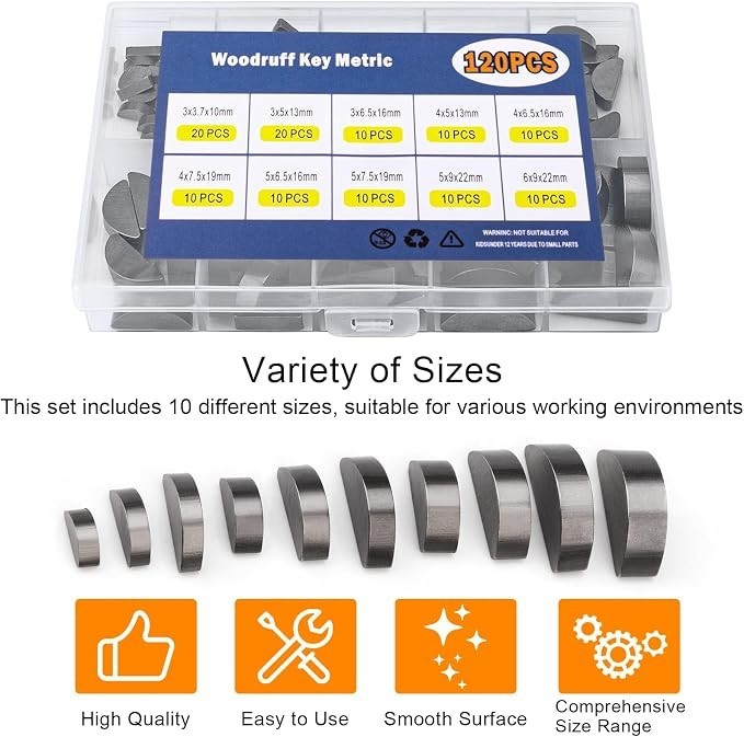 120pcs Woodruff Key Assortment Kit, 10 Popular Sizes of Half Moon Keys, Keyway a