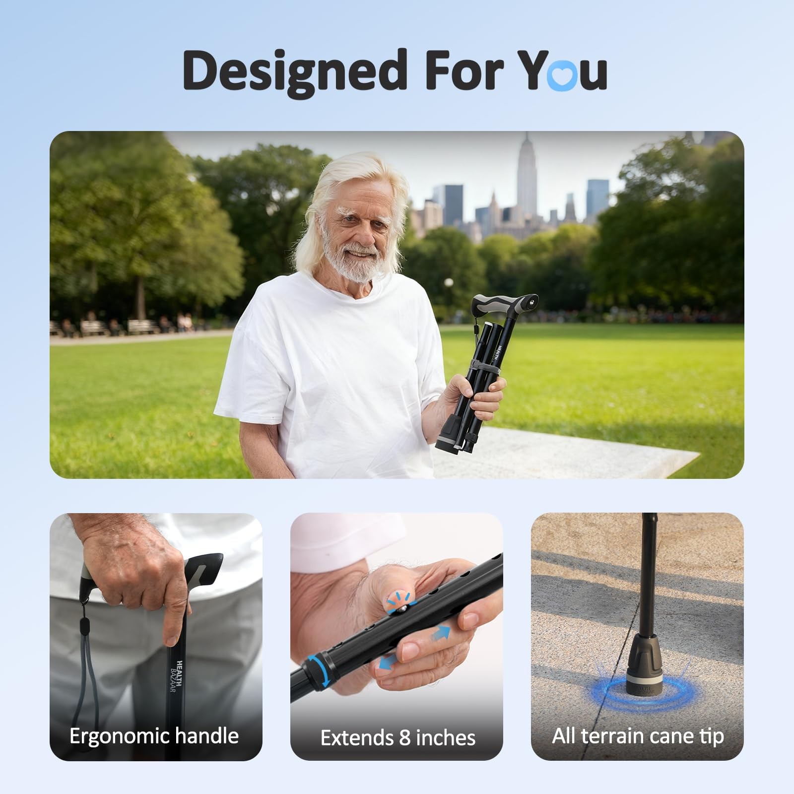Walking Cane with LED Light, Folding Canes for Men & Black-1