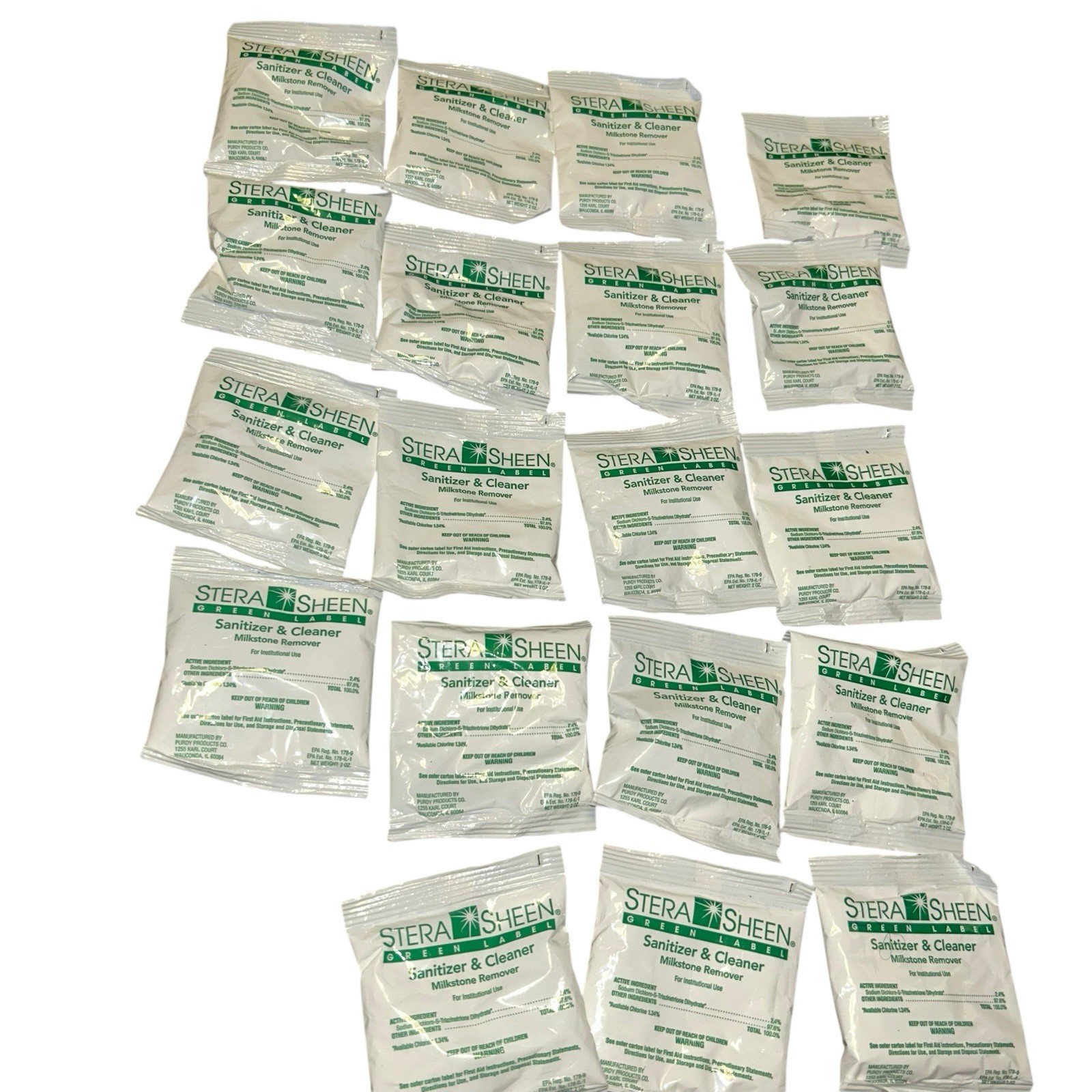 Lot Of 19 Stera Sheen Green Label Sanitizer Packets (2oz Packets)