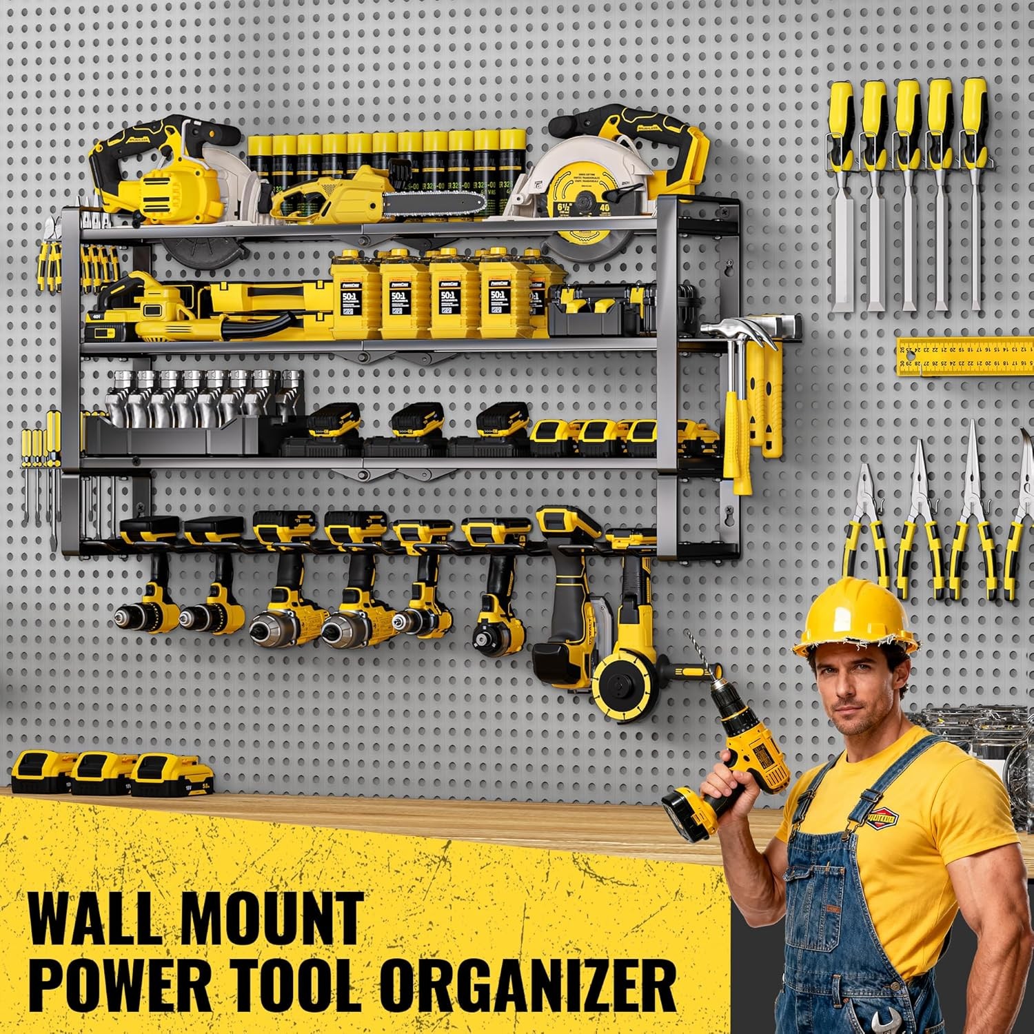 Large Power Tool Organizer Wall Mount 8 Drill Holder 4 Layer Metal Storage