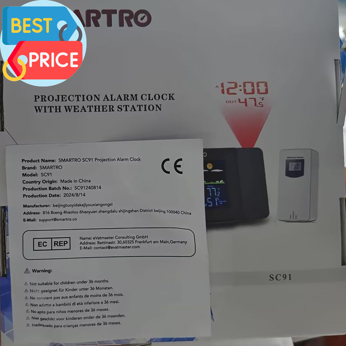 SC91 Projection Alarm Clock for Bedrooms with Weather Station, Wireless Indoor O