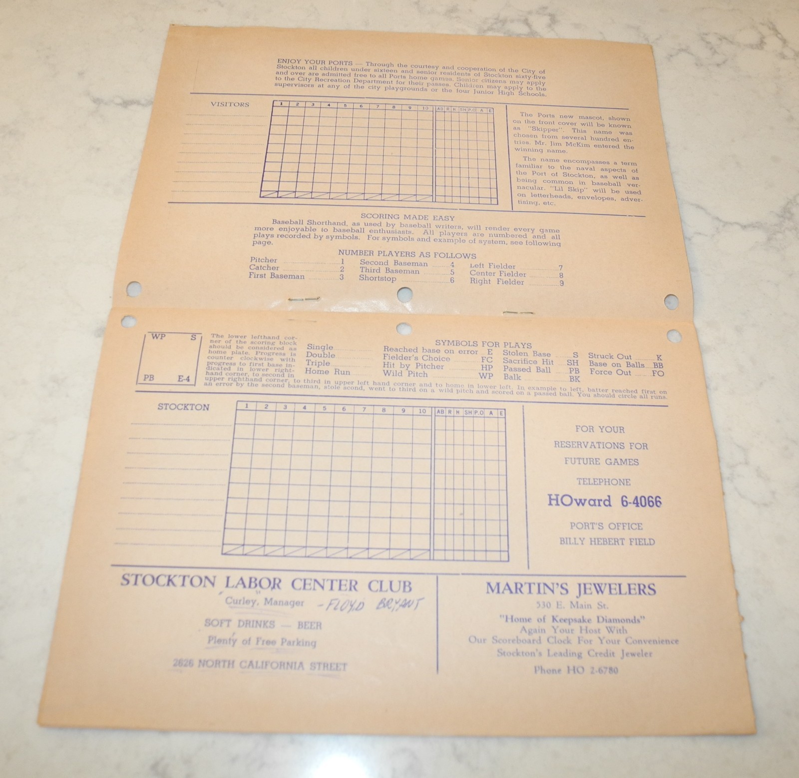 1957 Stockton Ports California Minor League Baseball Scorecard Program Unscored