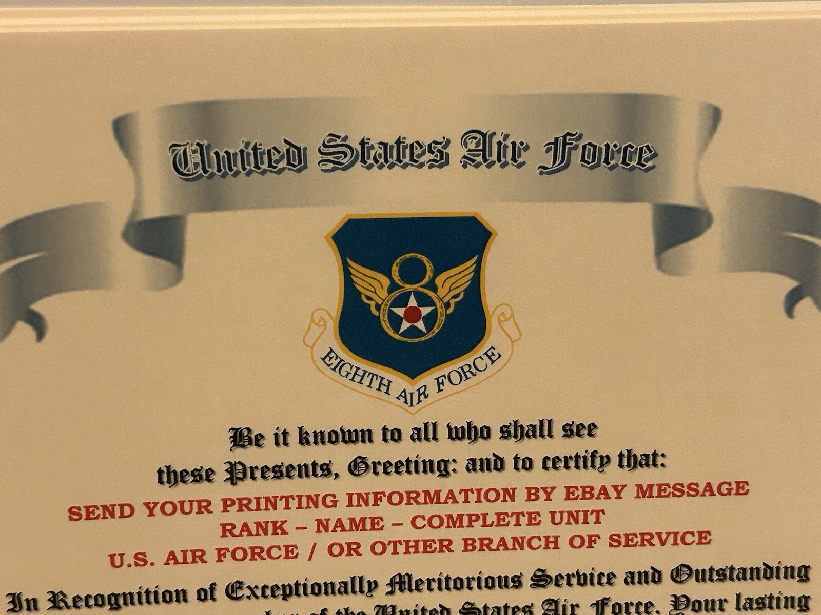 U.S. AIR FORCE / EIGHTH AIR FORCE - OUTSTANDING UNIT AWARD CERTIFICATE