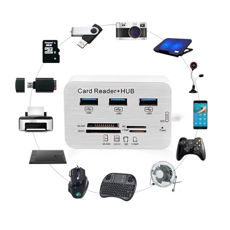 3 Port USB 2.0 Hub MS SD M2 TF Multi-In-1 Memory Card Reader Adapter