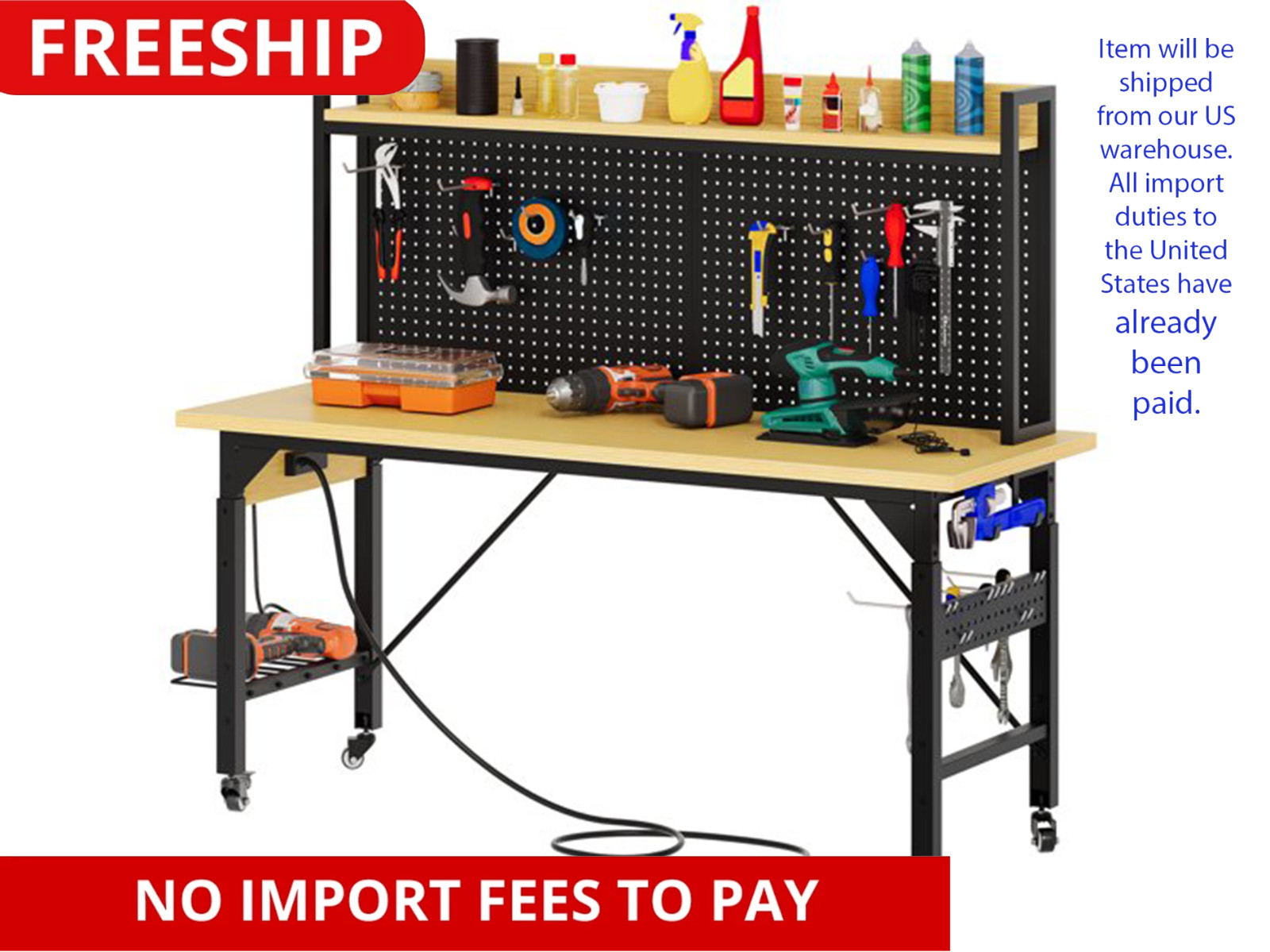 Workbench with Pegboard, Power Outlets and Wheels, 59.1" x 23.6" A3 Steel