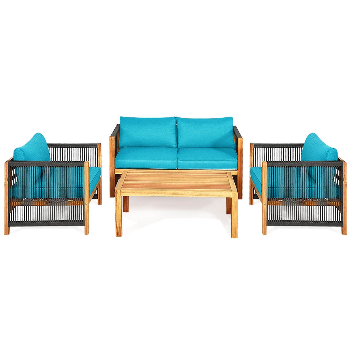 Patiojoy 4PCS Wooden Patio Furniture Set Cushioned Sofa W/Rope Armrest Turquoise