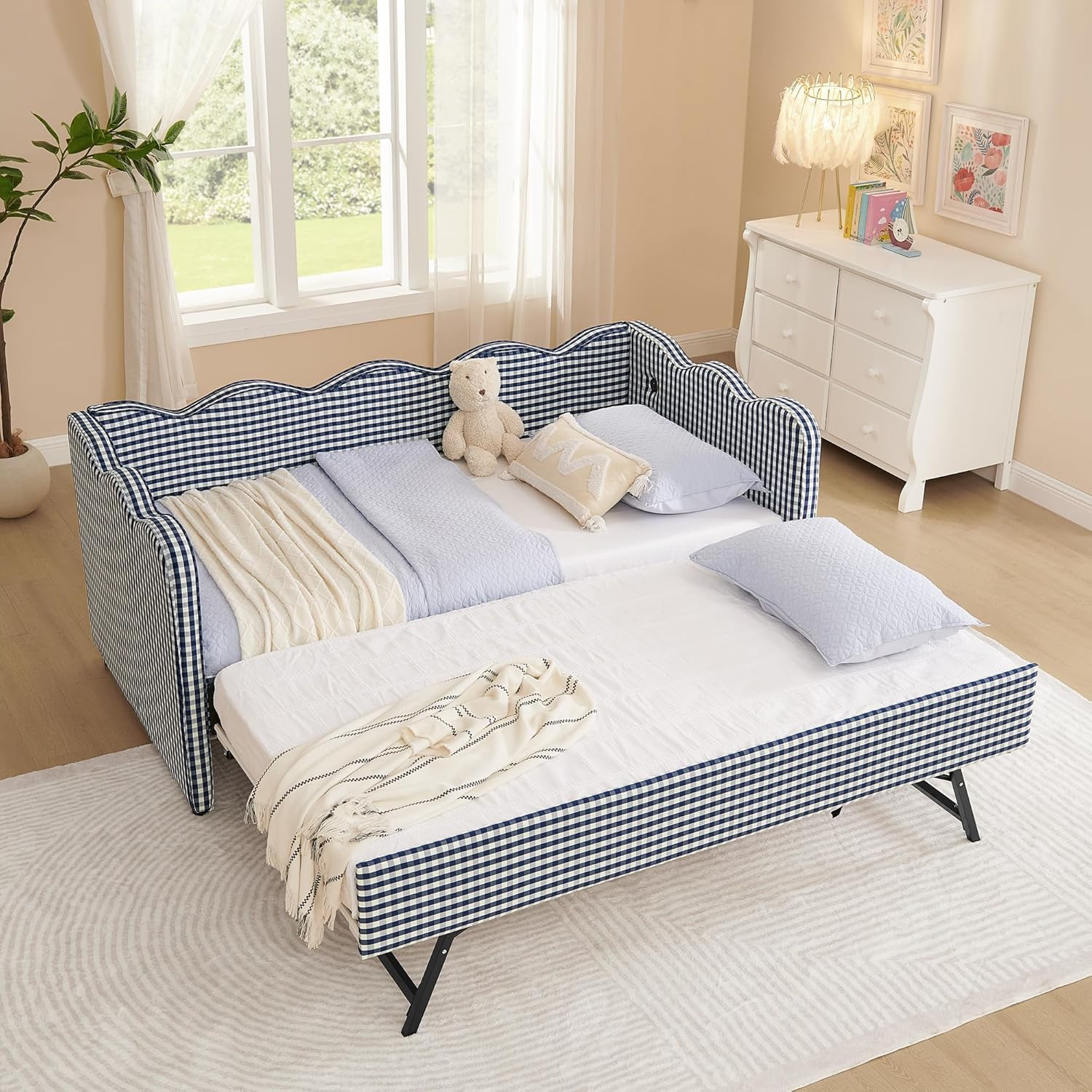 Twin Size Upholstery Daybed with Trundle and USB, Twin to King Design Adorable W