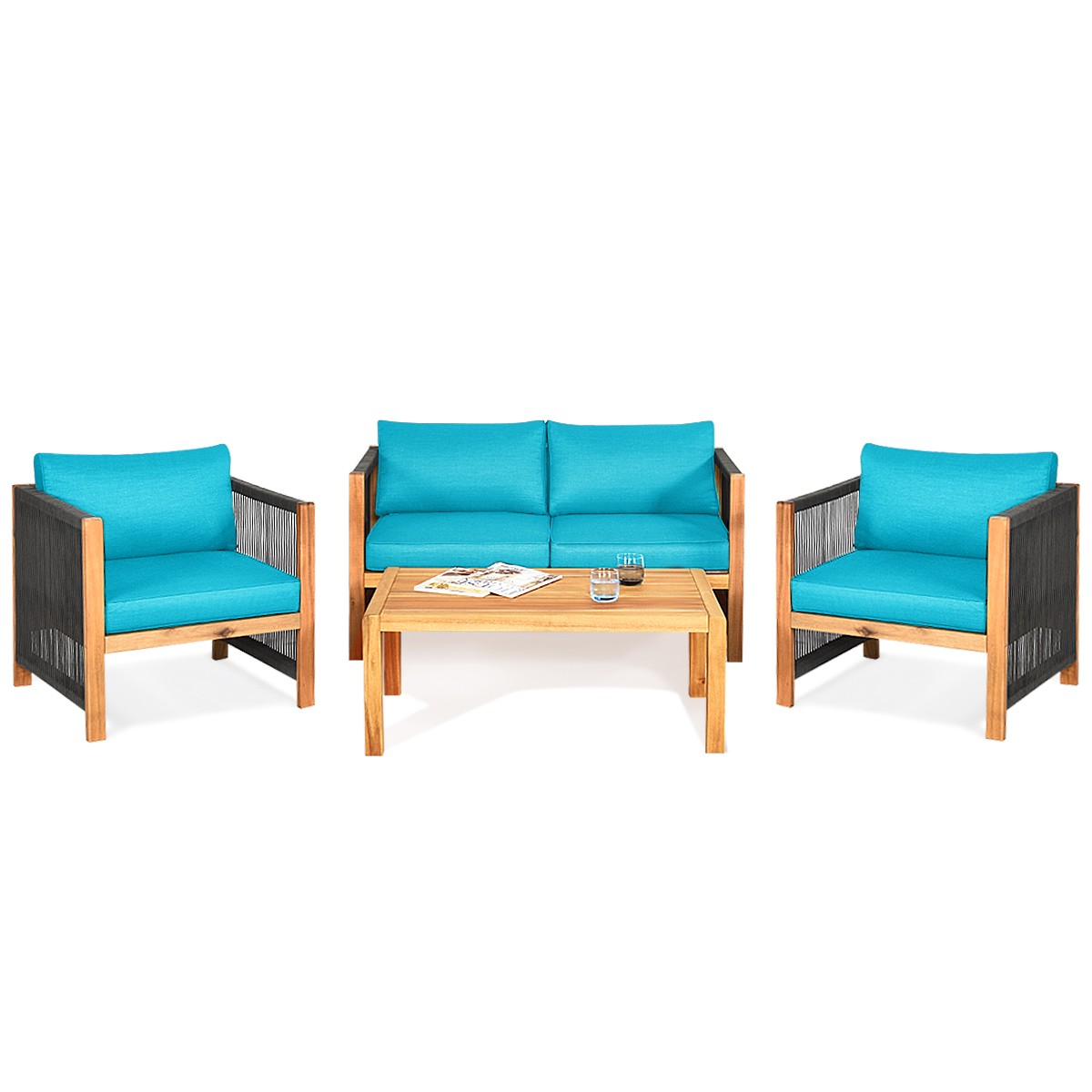 Patiojoy 4PCS Wooden Patio Furniture Set Cushioned Sofa W/Rope Armrest Turquoise