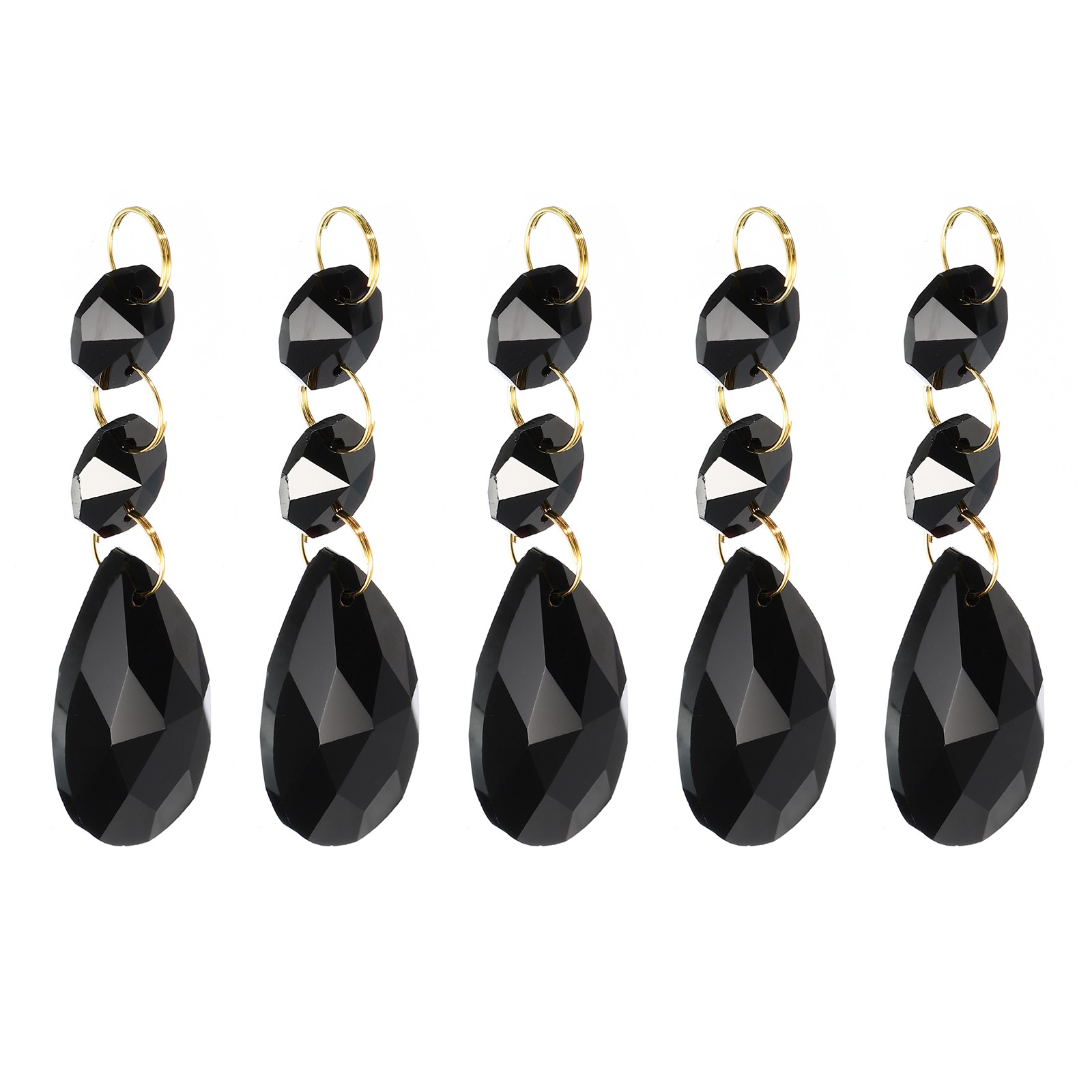 5Pcs 38mm Black Crystal Teardrop w 14mm Octagonal Bead Black