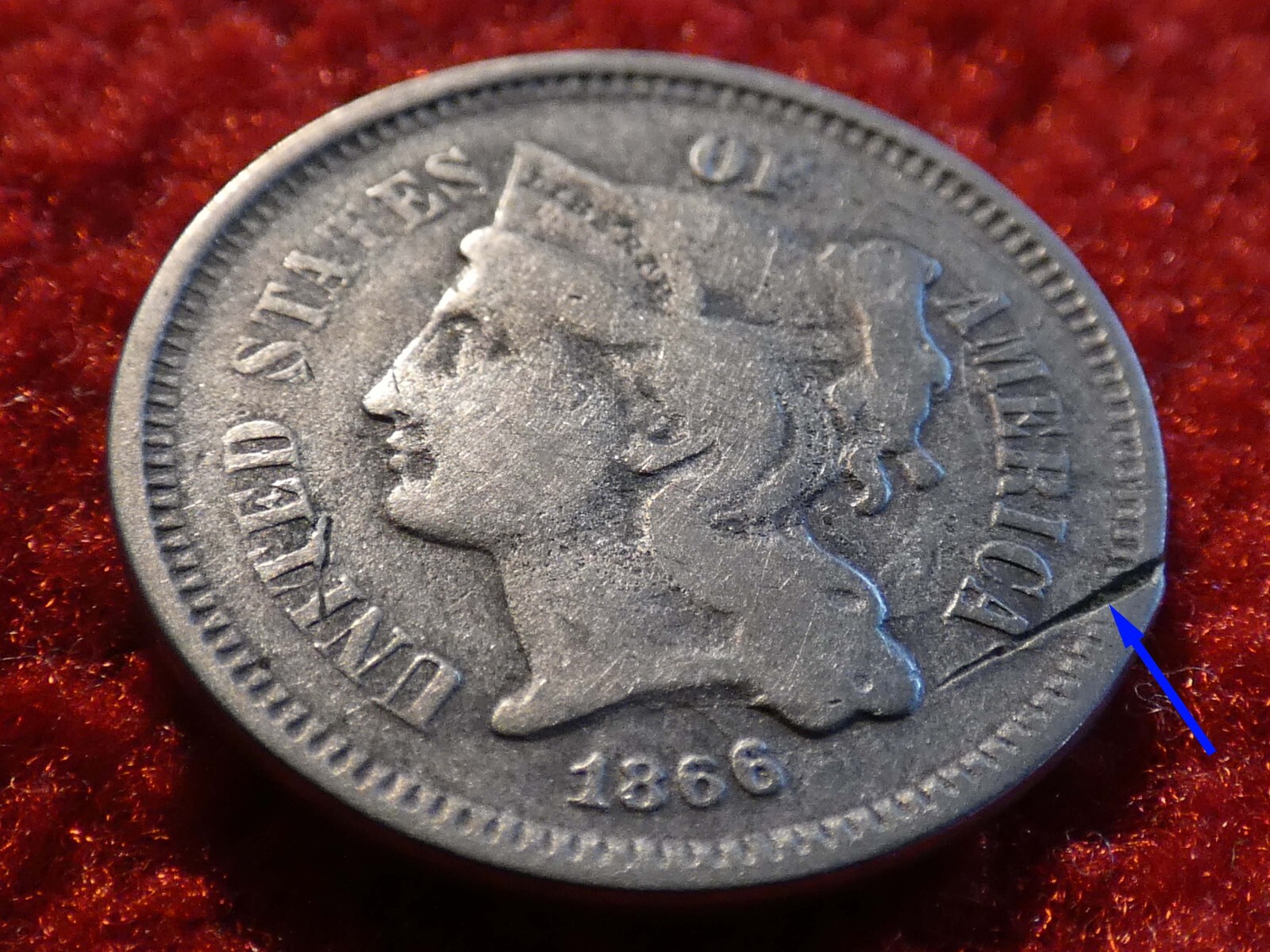 1866 Three Cent Nickel Detached Lamination Error! #3427