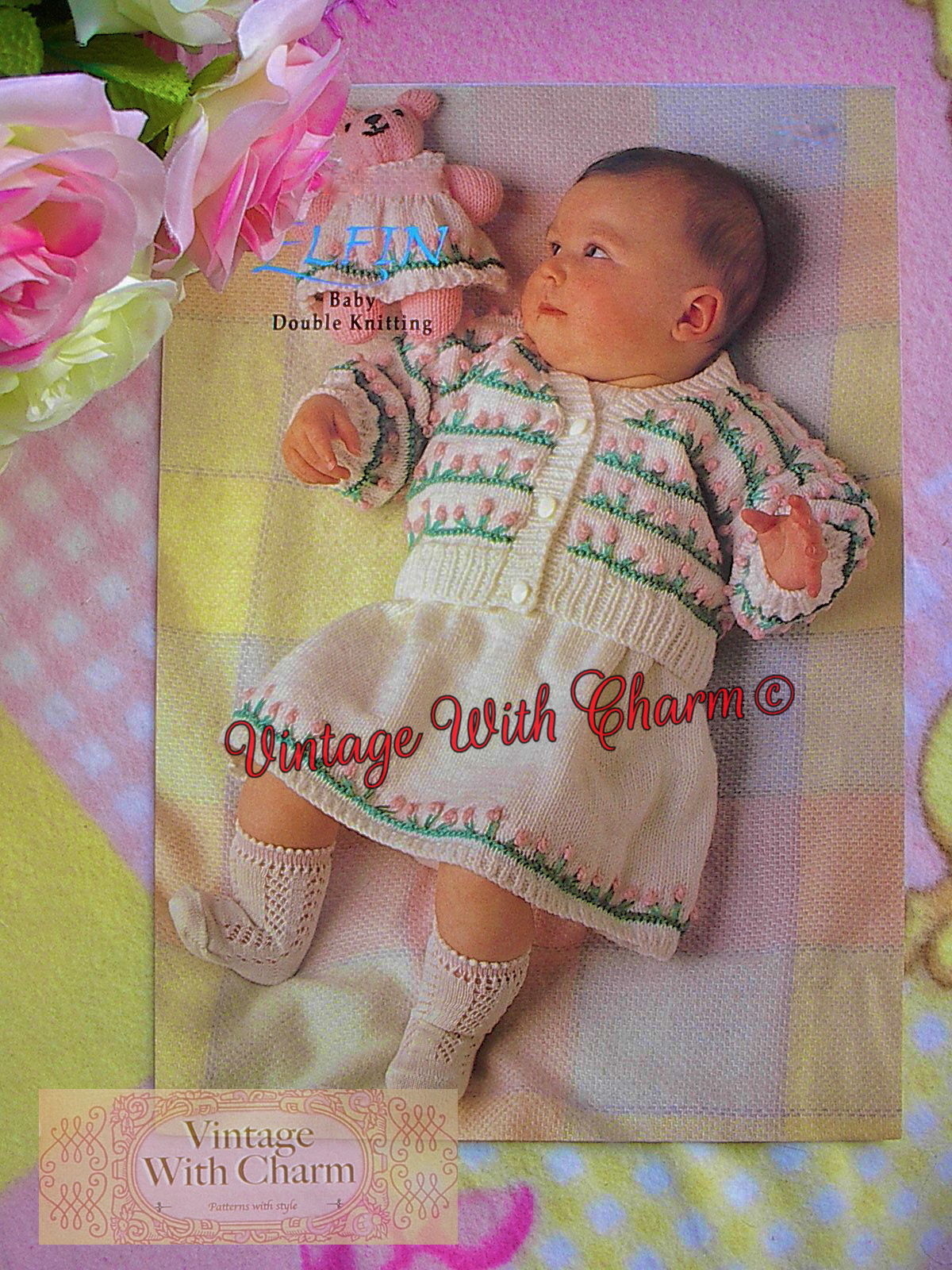 Vintage Knitting Pattern Baby Girls "Flower Garden" Cardigan & Sleeveless Dress.