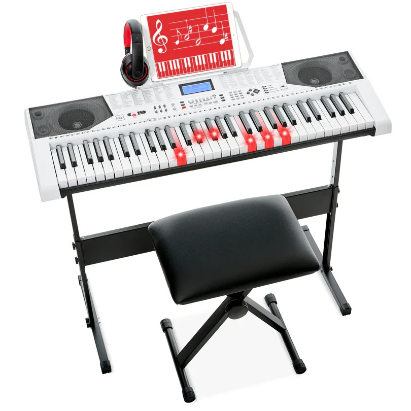 61-Key Beginners Electronic Keyboard Piano Set w/ Lighted Keys, Headphones,White