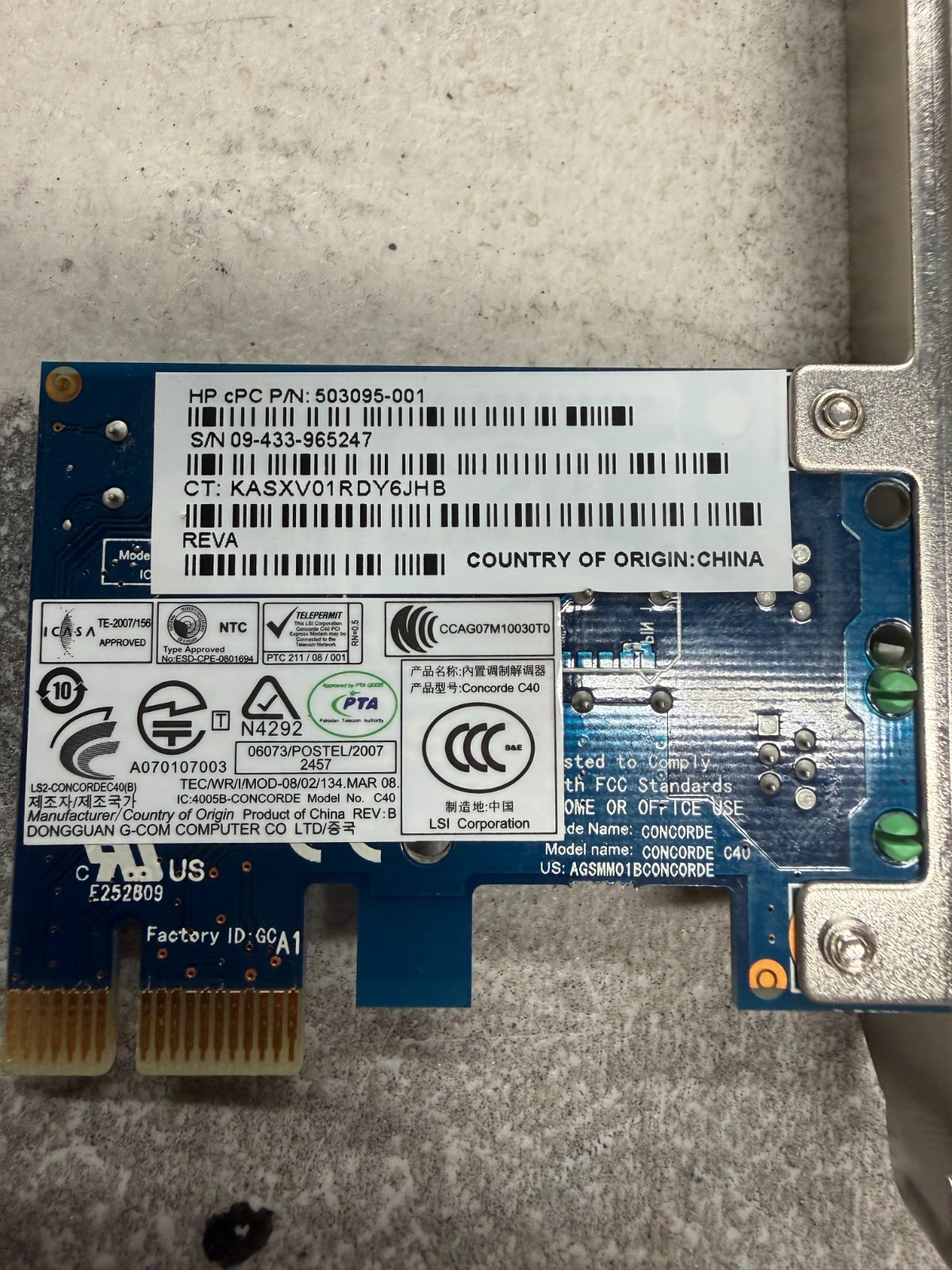 HP Concorde 56K PCI-E Data/Fax Modem Card, Standard Profile 503095-001