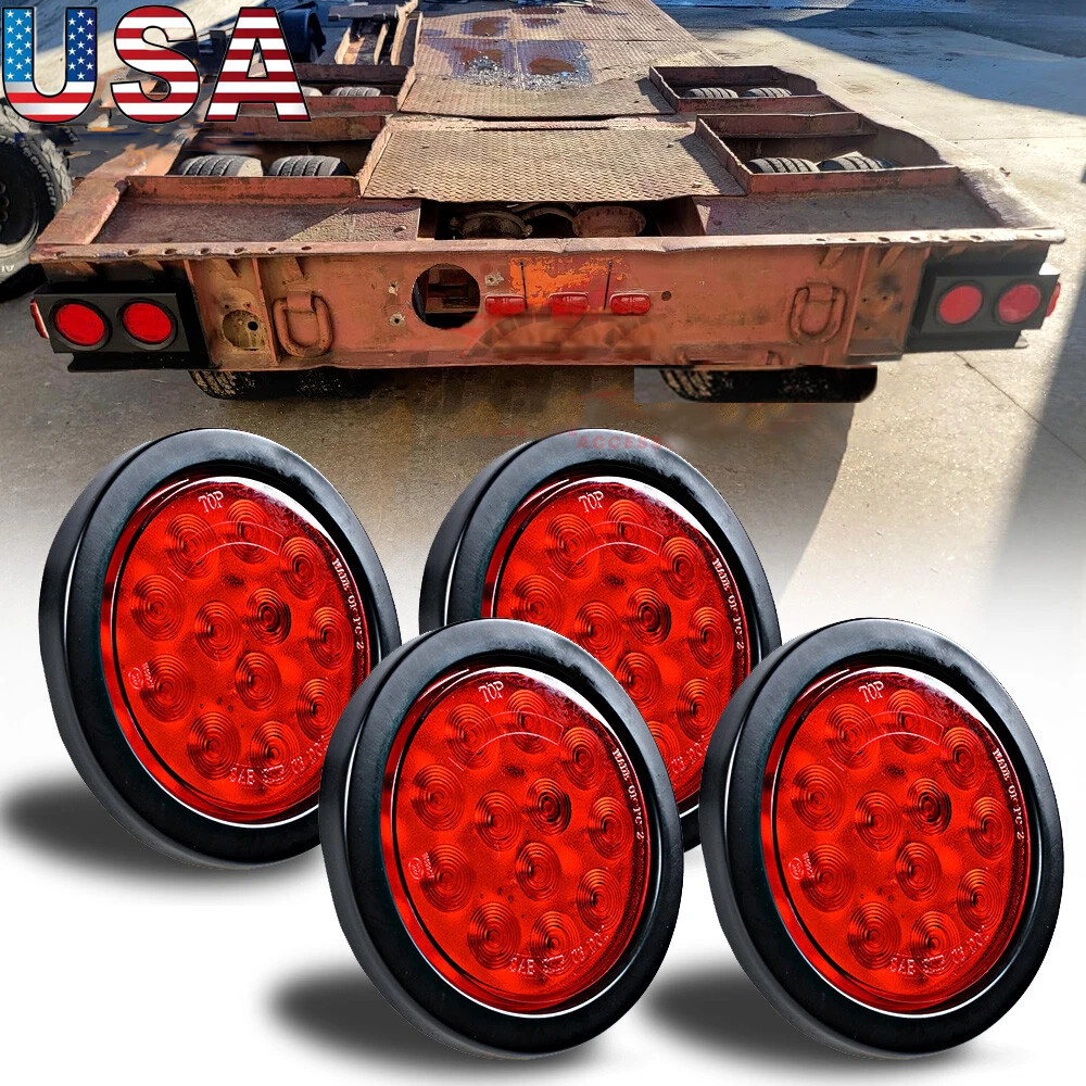 4pcs 4 Inch Round Red 12 LED Semi Truck Trailer Lights Stop Tail Turn Light 12V