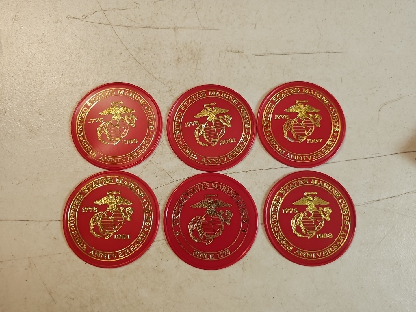 Vintage United States Marine Corps USMC Anniversary Drink Coaster.  Lot Of 6