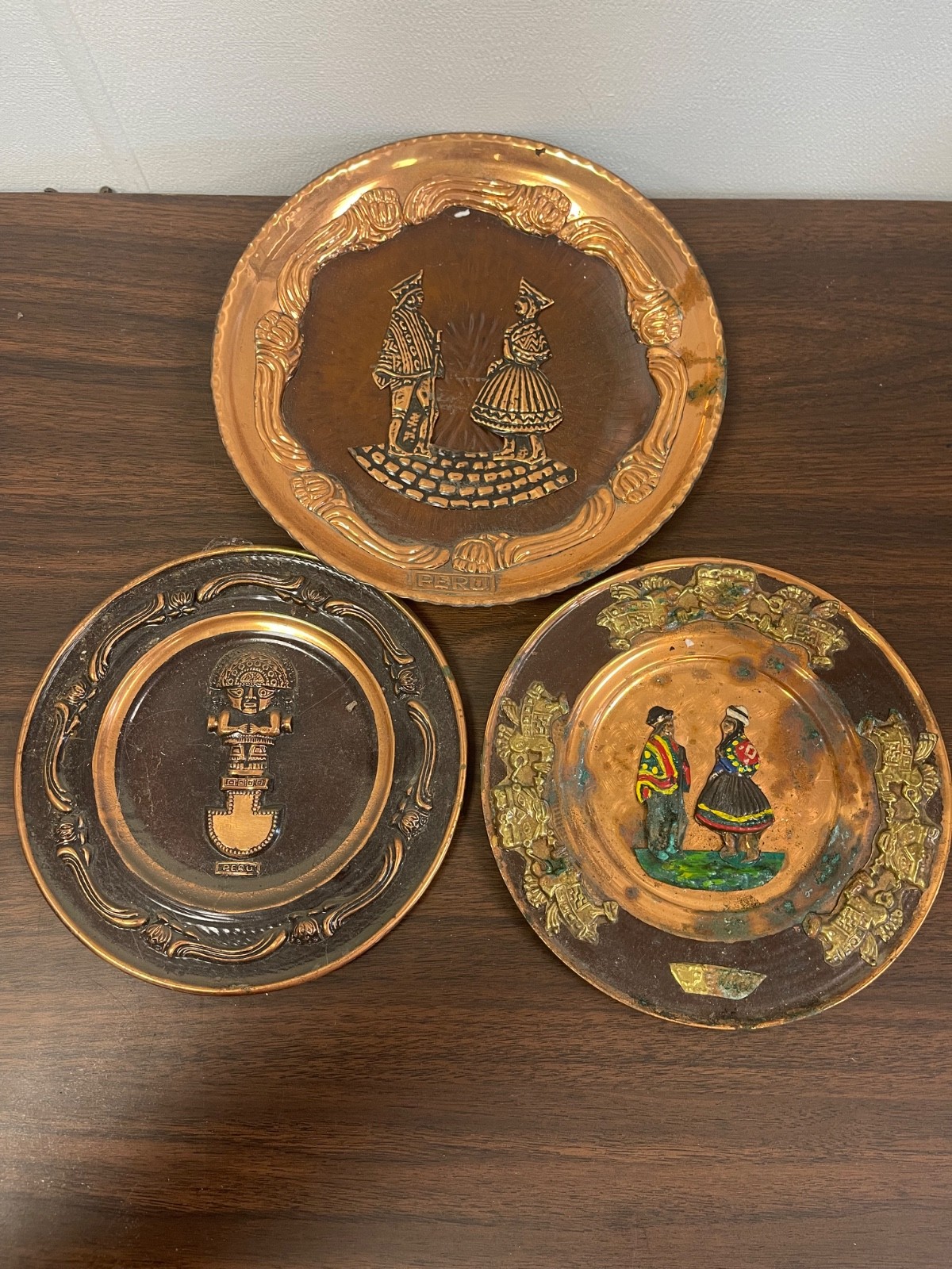 Lot of 3 Vintage Painted Copper Wall Plate Artisan Peru 7.75” and 9” Round