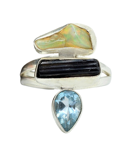 Opal, Black Tourmaline & Blue Topaz Ring, Sterling Silver, Rough Gemstones