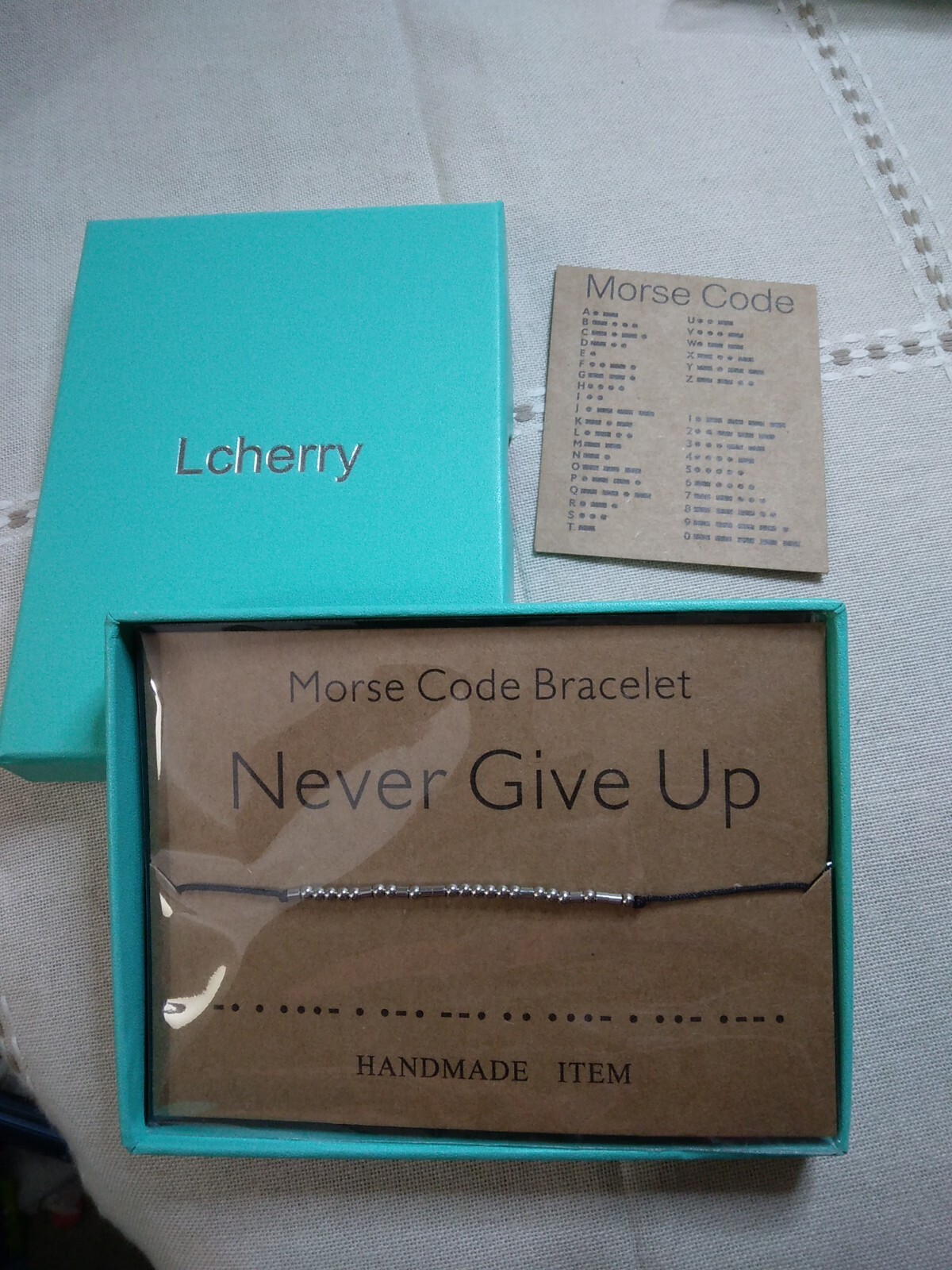 Morse Code Bracelet NEVER GIVE UP  Silver Tone Black Cord Gift Box Insert