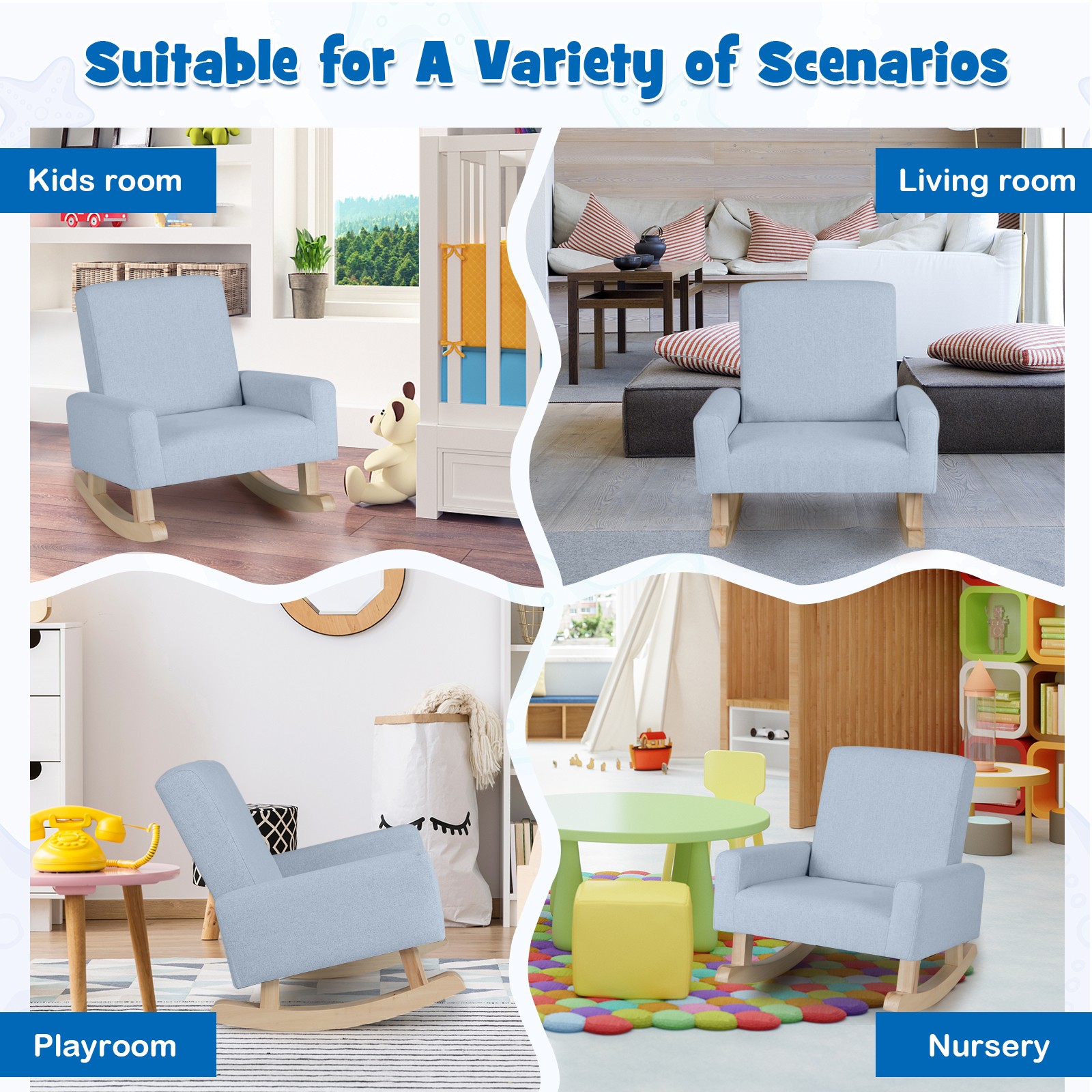 Kids Rocking Chair Children Armchair Linen Upholstered Sofa w/ Solid Wood Legs