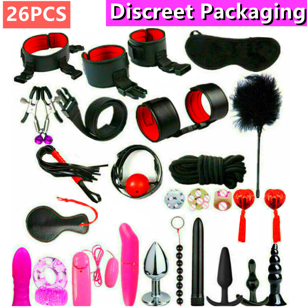 BDSM Bondage Sex Toy SM Kit Restraint Set Soft Handcuffs Nipple Clamps Dildo Gay