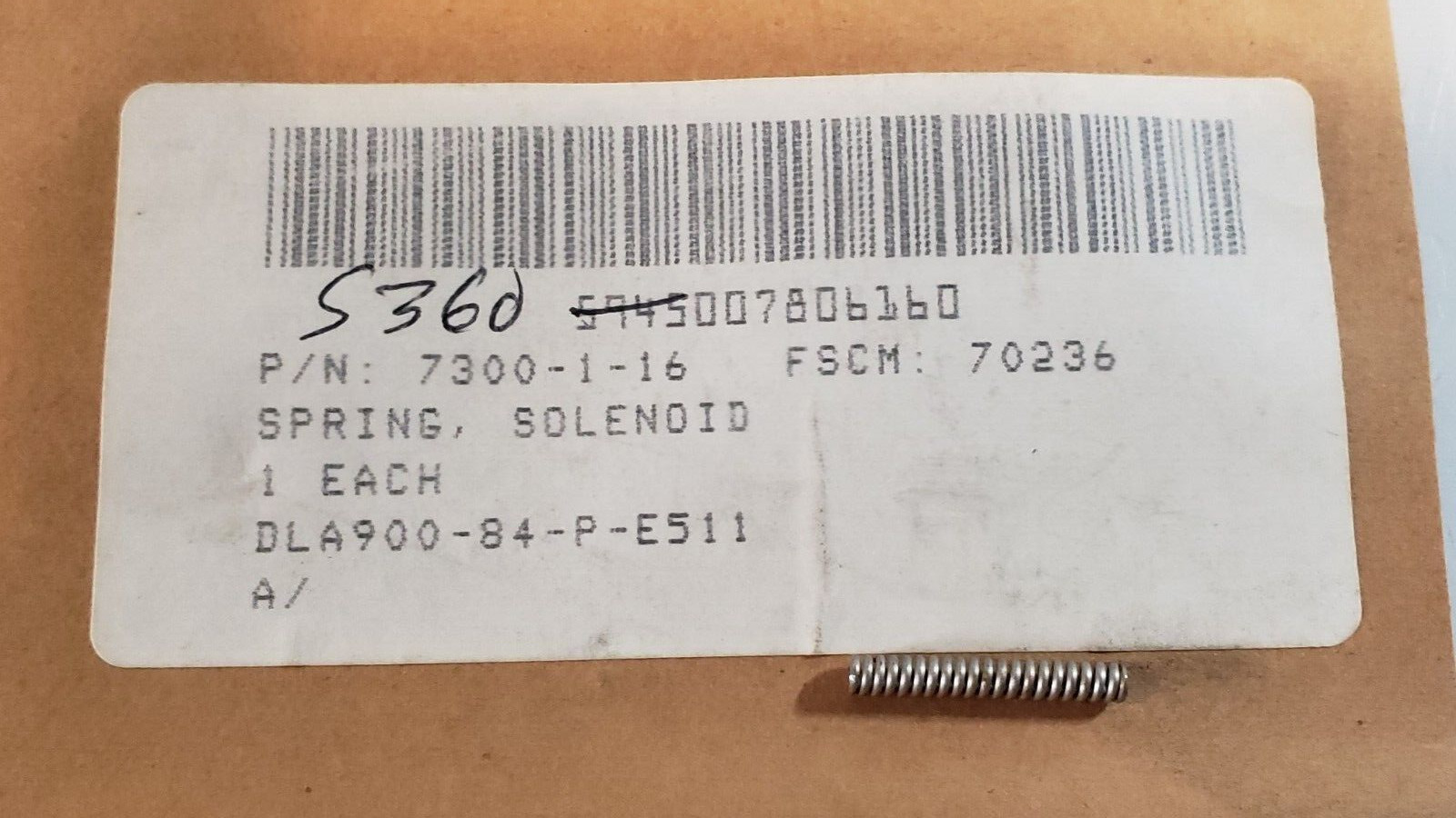 TACTAIR FLUID CONTROLS SPRING 7300-1-16 5360-00-780-6160