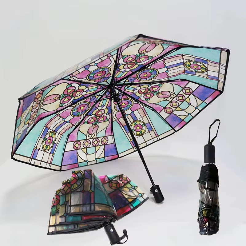 Stained Glass Print Umbrella Automatic Transparent Large Clear Dome Rain Gear
