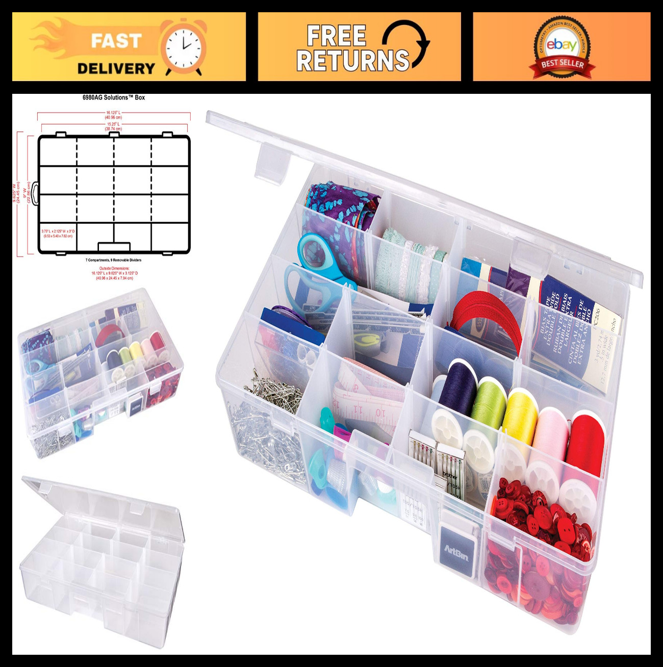 XL Art & Craft Organizer Storage Box with Dividers - Clear Plastic Case, 6980AG