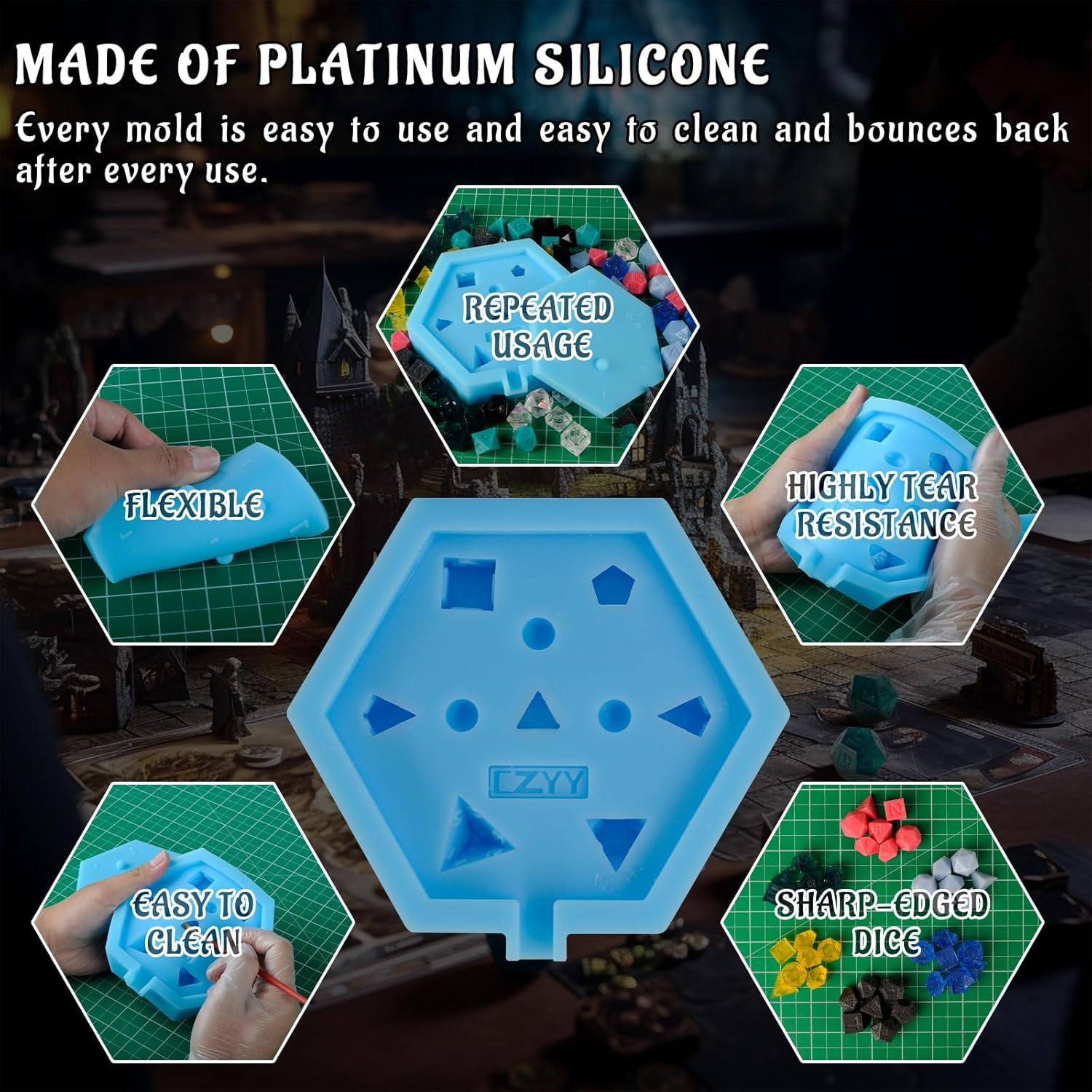 CZYY Silicone Dice Mold, 7-Cavity Sharp Edge Polyhedral Resin Mould | Make
