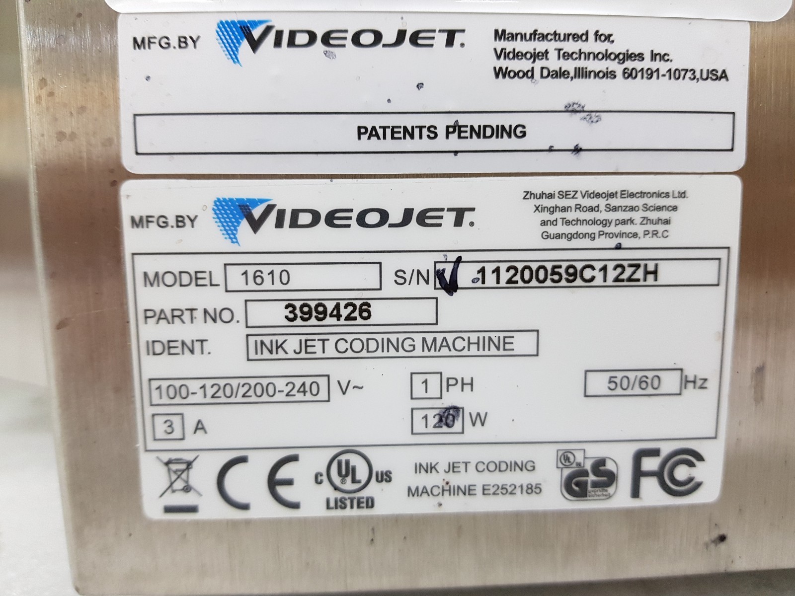 VIDEOJET INDUSTRIAL INKJET PRINTER MODEL 1610