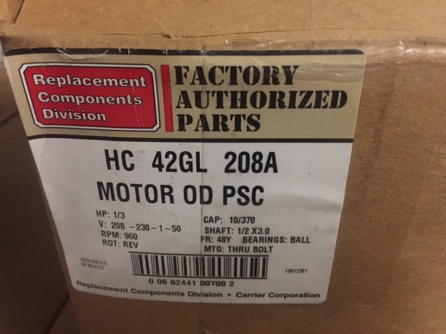 Carrier Motor, HC42GL208A, 1/3 HP, 208-230V, 960 RPM, CCW Rotation (NEW)