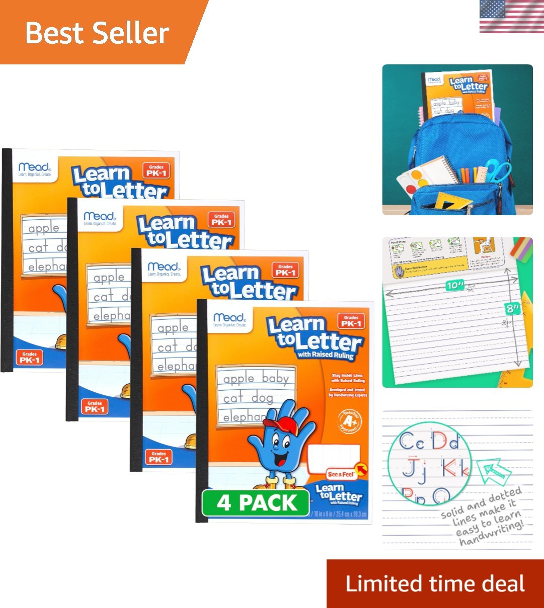 Raised Ruling Writing Pads, 4 Pack, Perfect for PK-1 Students, 40 Sheets Each