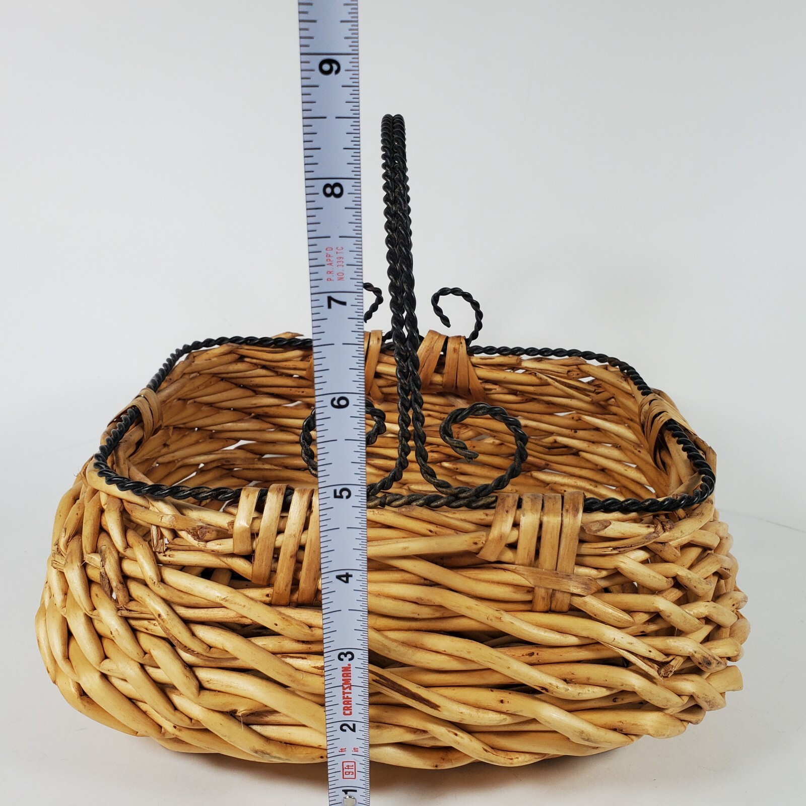 Bamboo Straw Basket With Metal Twisted Handle 8"H X 9.5"L