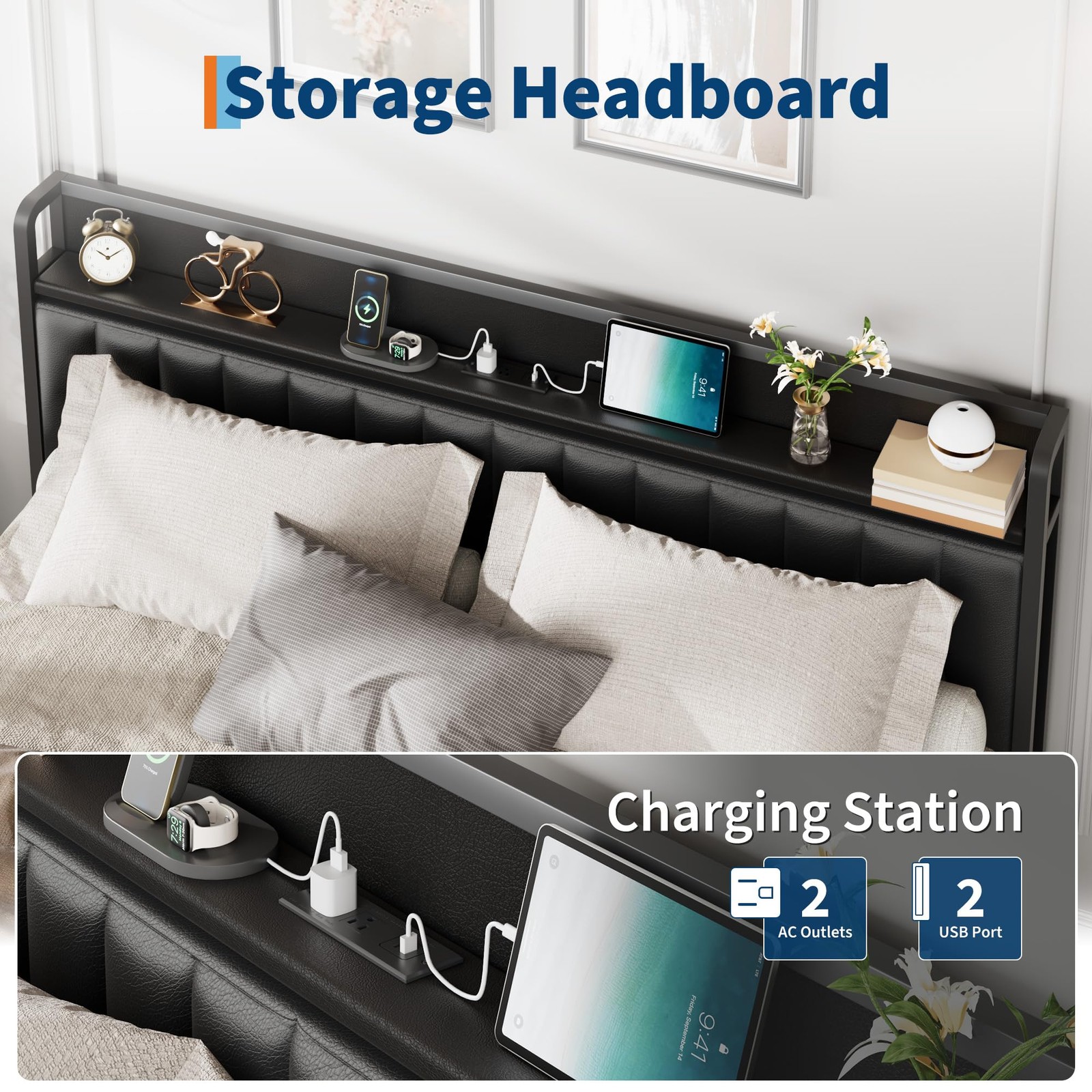 GRAVEE King Upholstered Platform Bed Frame w/Charging Station Underbed Storage
