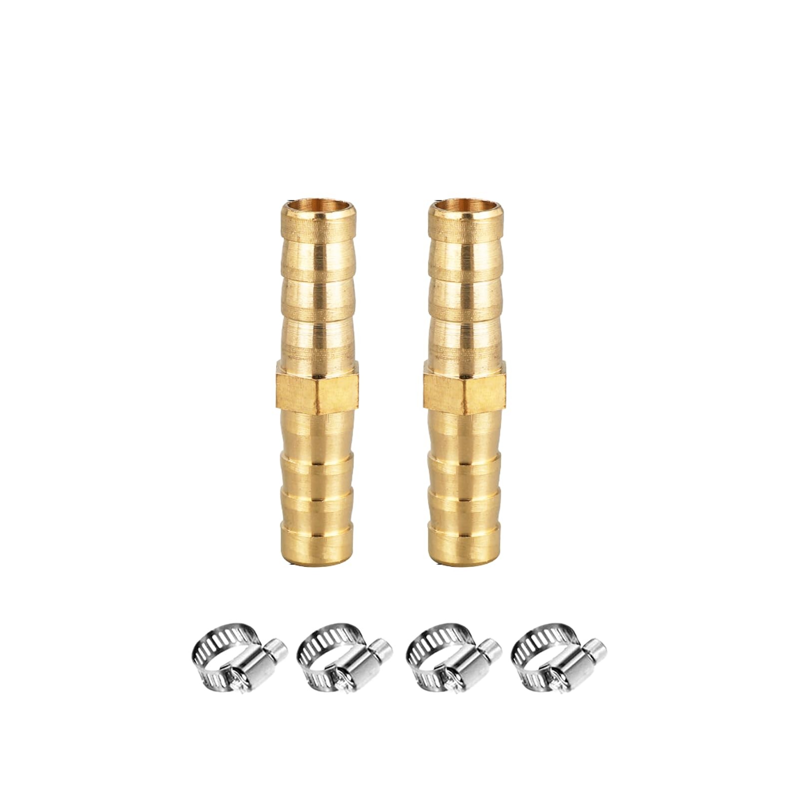 Hose Barb Fitting 2 PCS 1 Inch ID Hex Union Brass With 4 Stainless Clamps