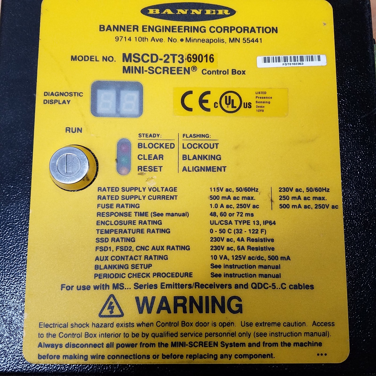 Banner MSCD-2T3-69016 Mini-Screen Control Box BX 115V - USED