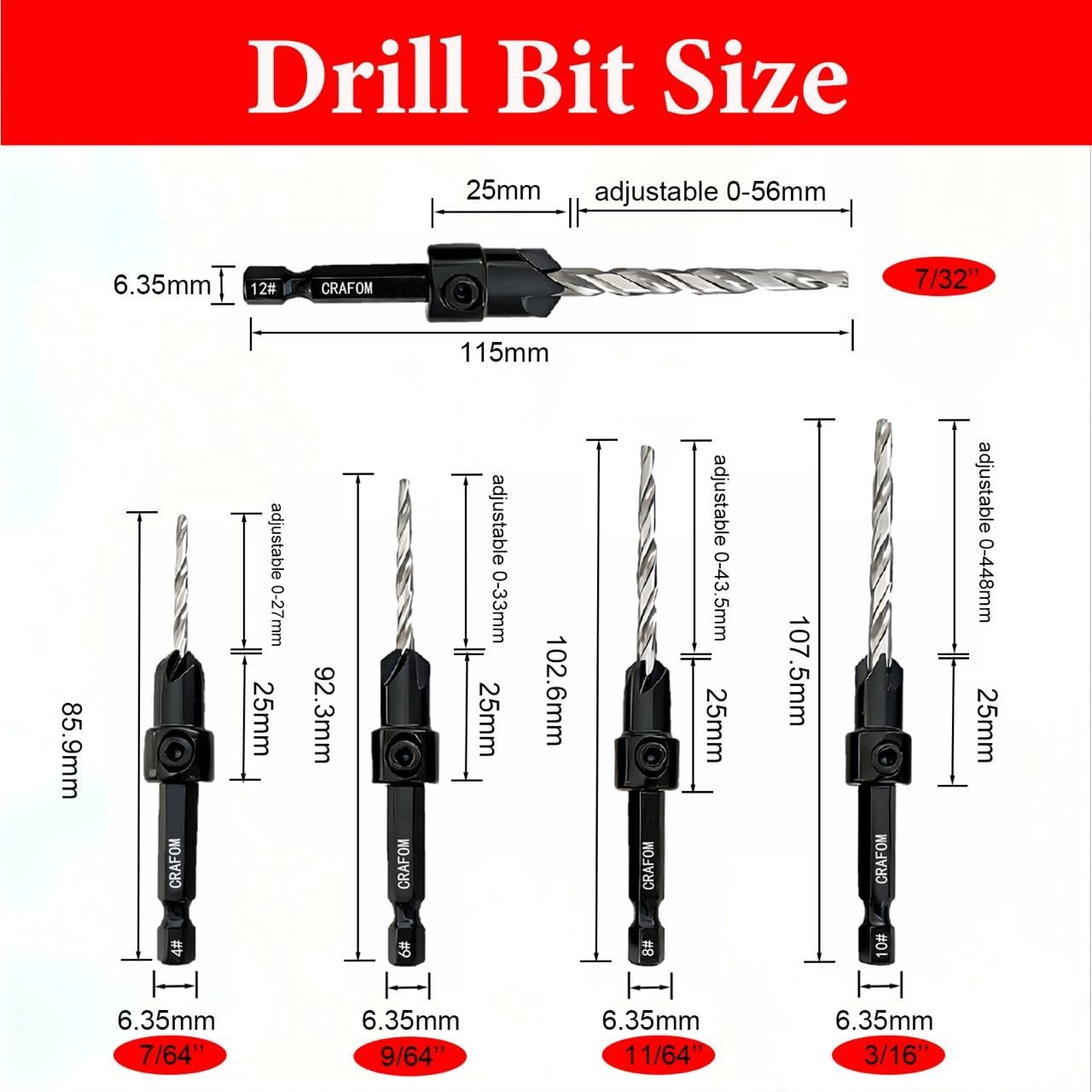 Countersink Drill Bit Set, 5 PCs Counter Sink Drill Bit Adjustable, #4, #6, #...