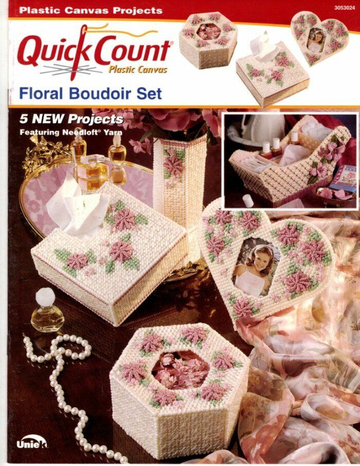 NEW PLASTIC CANVAS FLORAL BOUDOIR SET 5 WONDERFUL PROJECTS