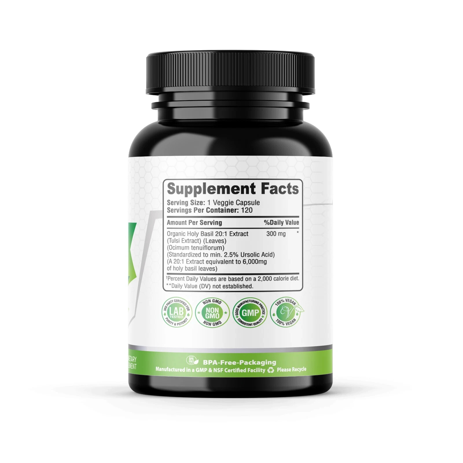 Holy Basil 20:1 Extract 2.5% Ursolic Acid Organic 120 Veg Capsules Made in USA