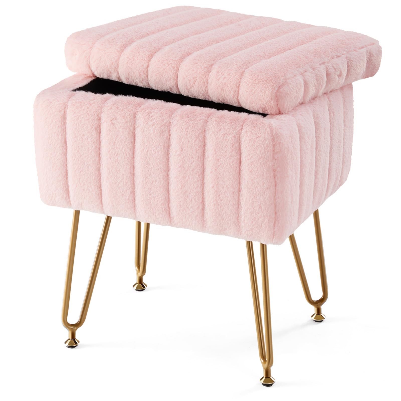 Vanity Stool Chair with Storage, 18.9”H x 16”L x 12.2”W Ottoman Chair Faux Fu...